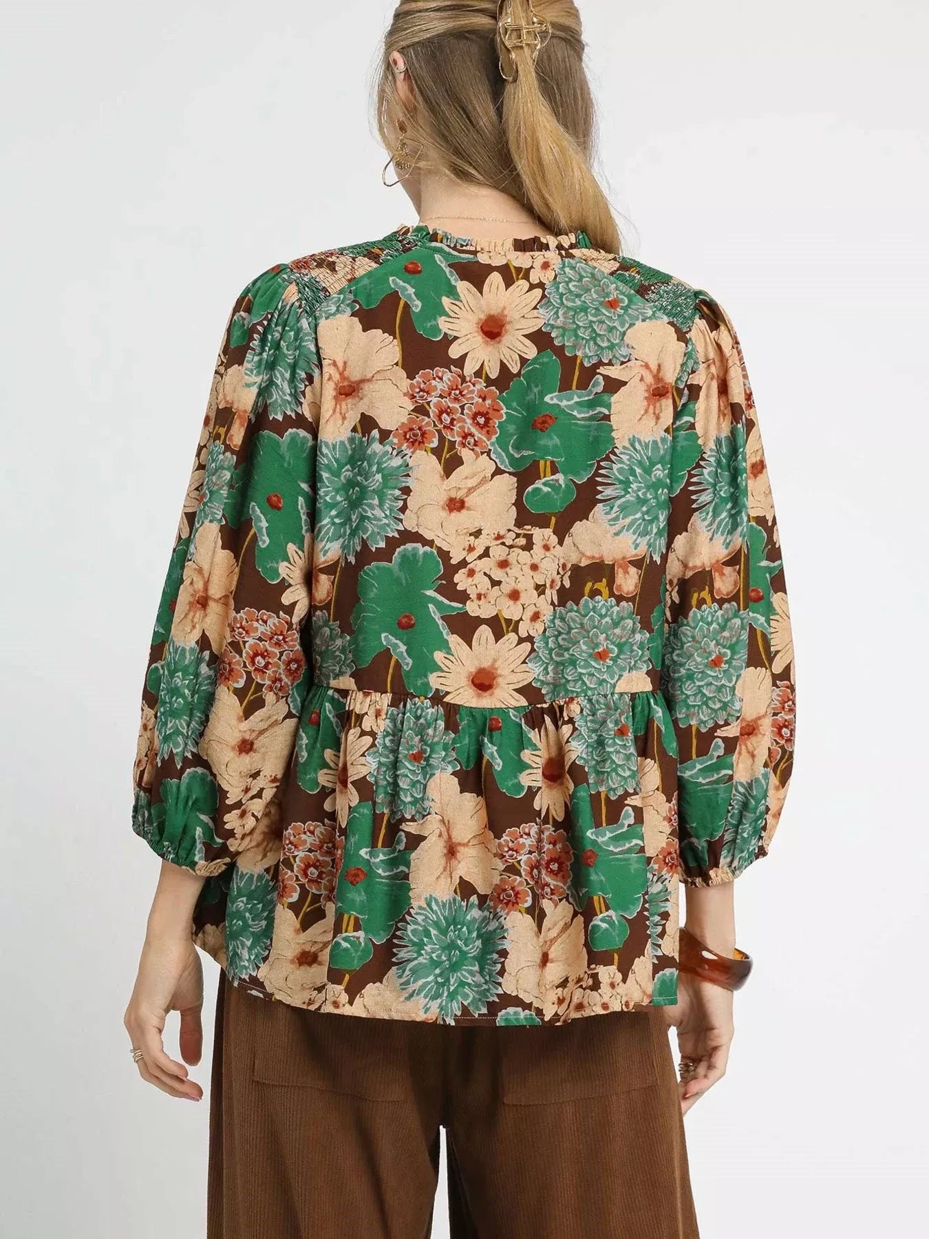 Umgee Meadow Muse Floral Peplum Blouse with Tie Neck-Women's Shirts & Tops-Shop Z & Joxa