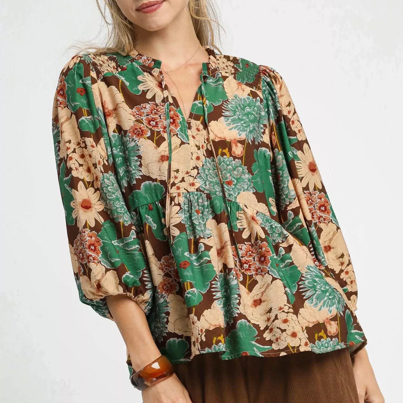 Umgee Meadow Muse Floral Peplum Blouse with Tie Neck-Women's Shirts & Tops-Shop Z & Joxa