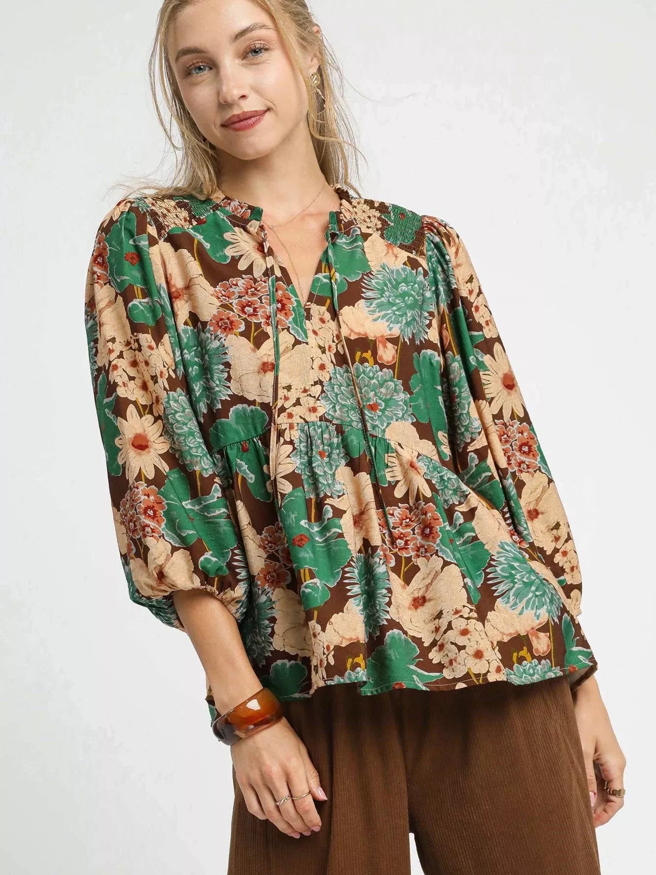 Umgee Meadow Muse Floral Peplum Blouse with Tie Neck-Women's Shirts & Tops-Shop Z & Joxa