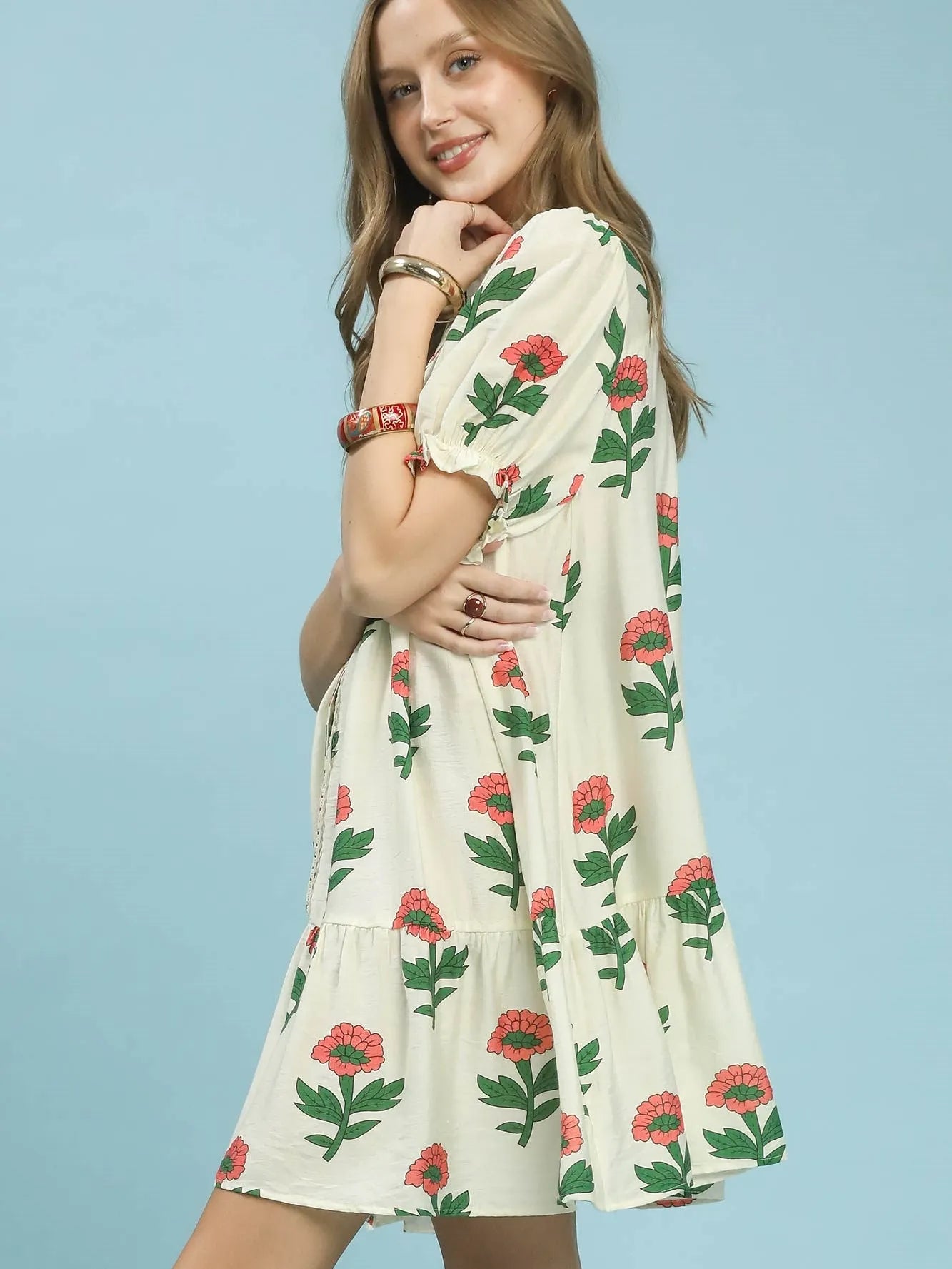 Umgee Meadow Muse Floral Print Babydoll Dress in Cream-Women's Dresses-Shop Z & Joxa