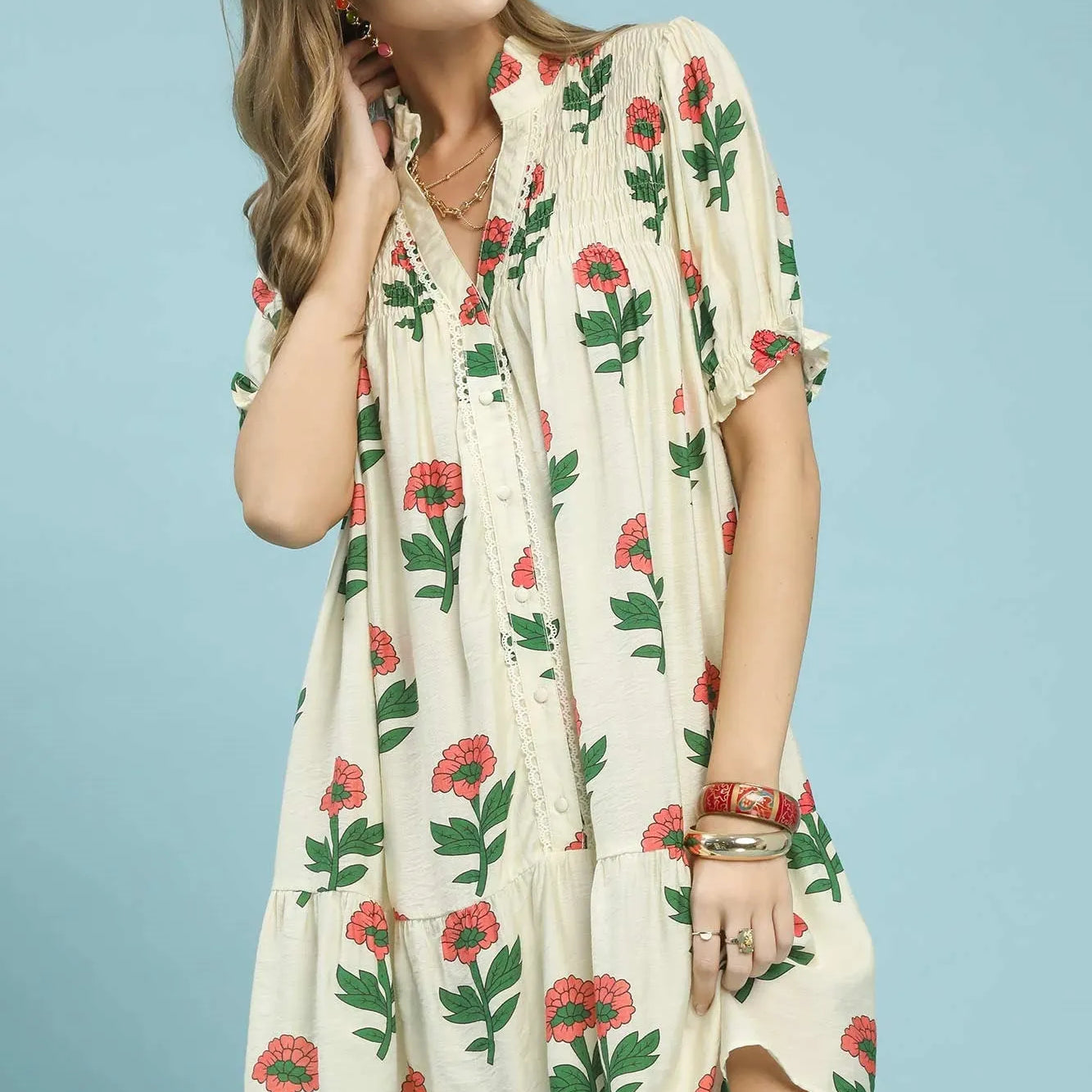 Umgee Meadow Muse Floral Print Babydoll Dress in Cream-Women's Dresses-Shop Z & Joxa