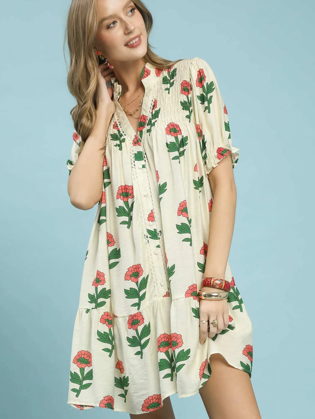 Umgee Meadow Muse Floral Print Babydoll Dress in Cream-Women's Dresses-Shop Z & Joxa