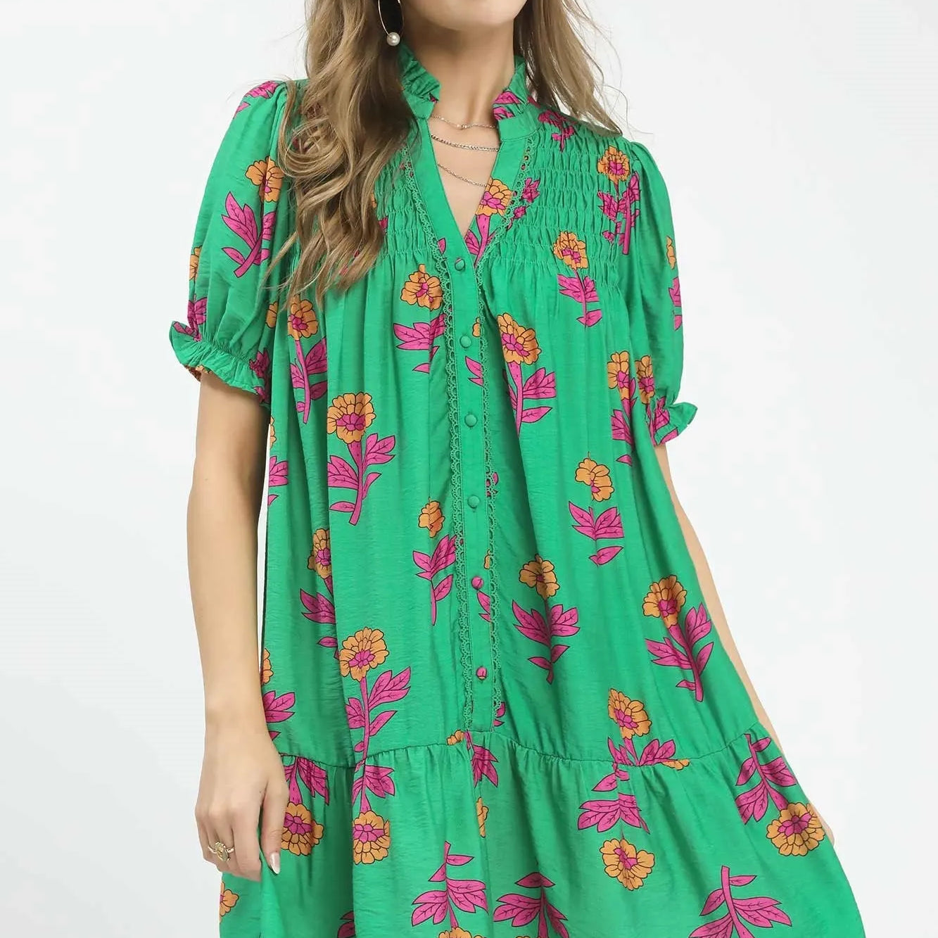 Umgee Meadow Muse Floral Print Babydoll Dress in Green-Women's Dresses-Shop Z & Joxa