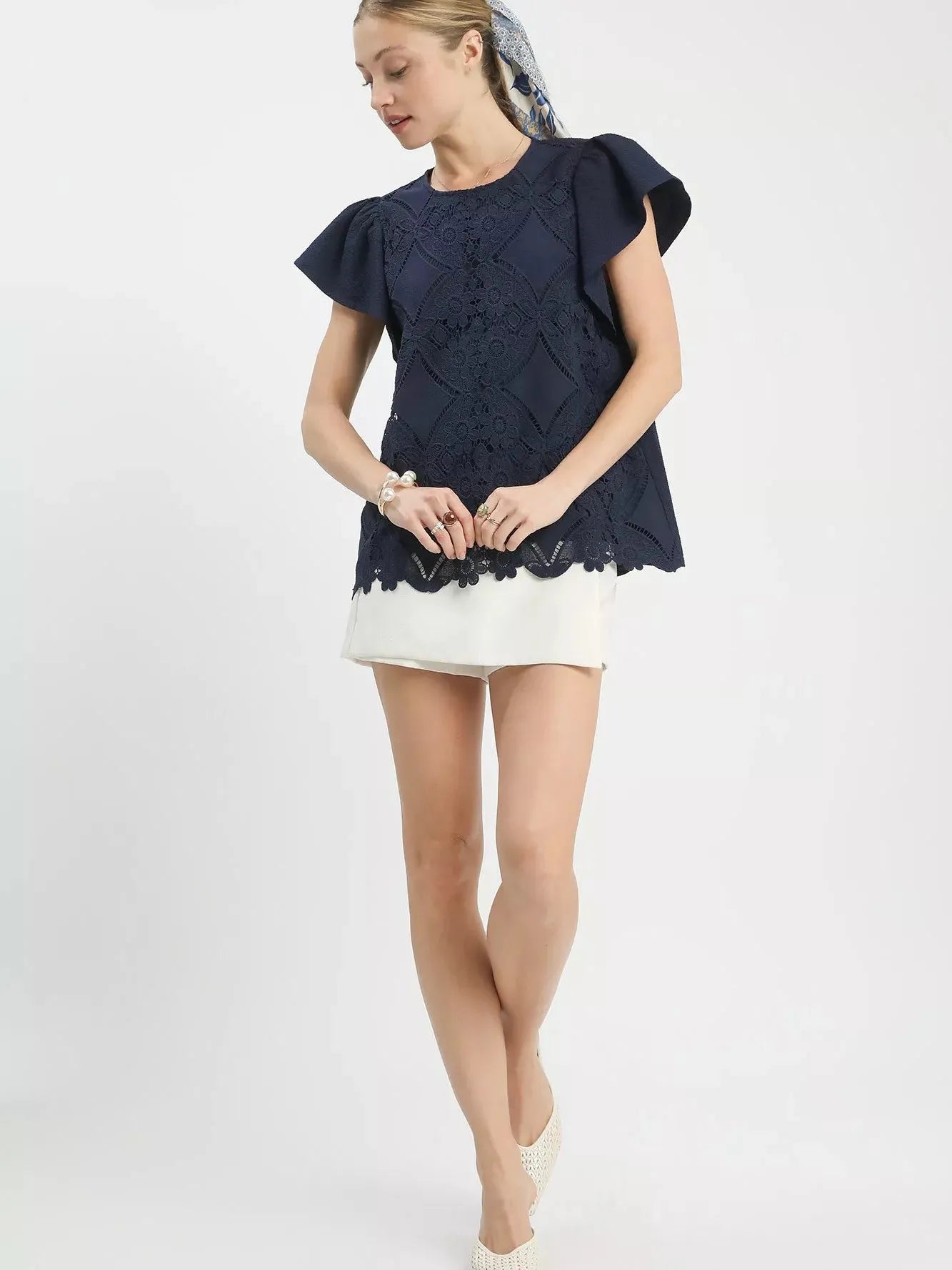 Umgee Midnight Flutter Floral Lace Overlay Flutter Sleeve Top-Women's Shirts & Tops-Shop Z & Joxa