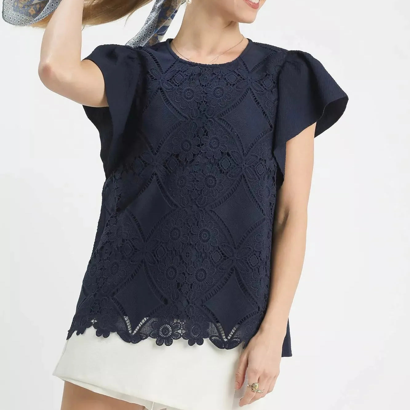 Umgee Midnight Flutter Floral Lace Overlay Flutter Sleeve Top-Women's Shirts & Tops-Shop Z & Joxa