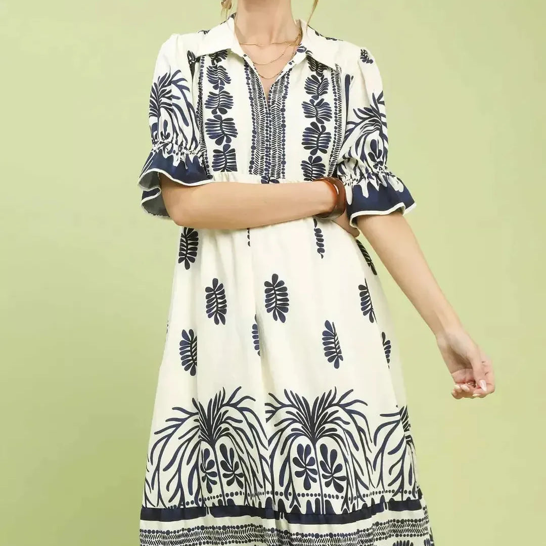 Umgee Midnight Garden Print Midi Dress with Puff Sleeves-Women's Dresses-Shop Z & Joxa