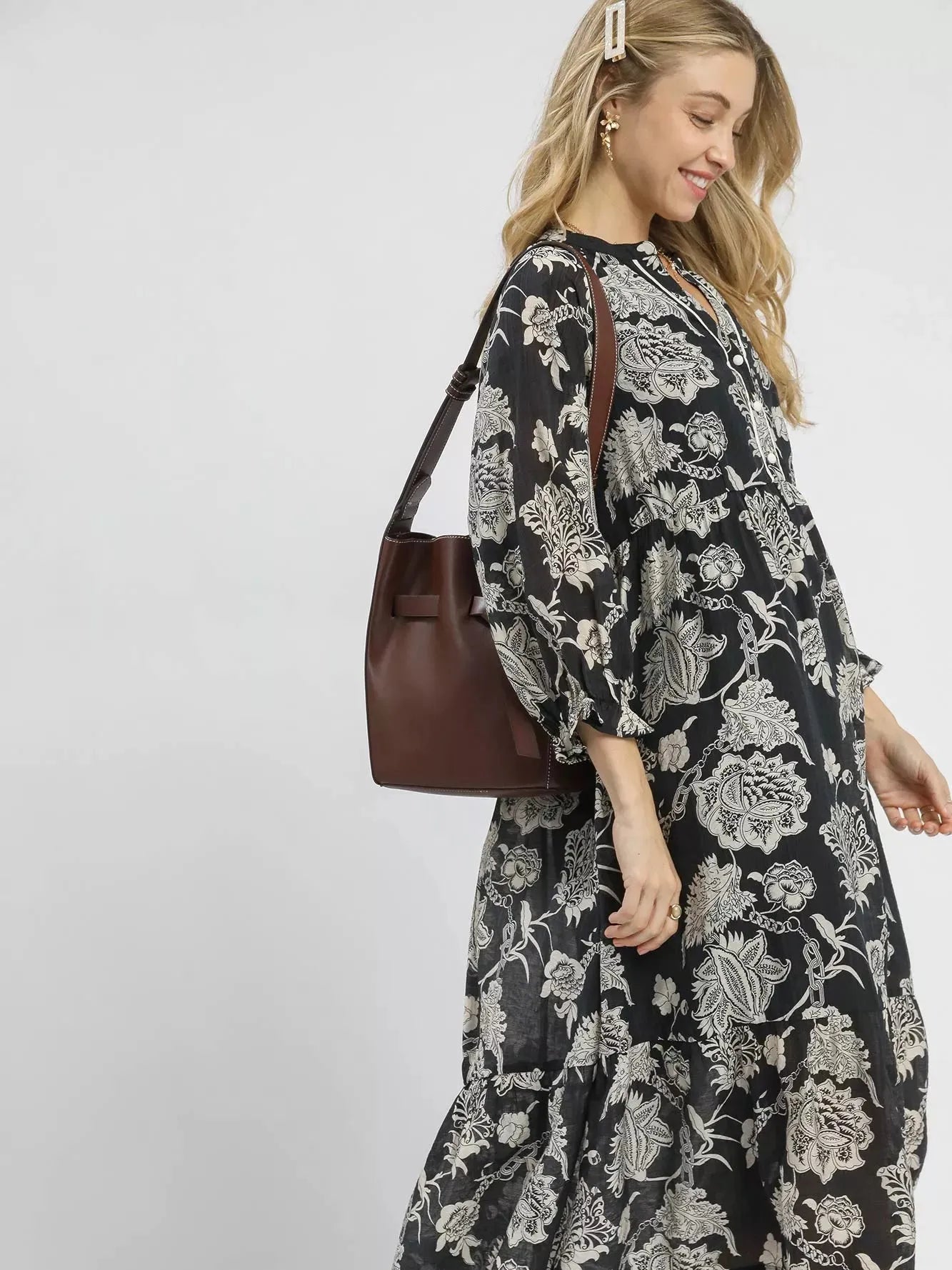 Umgee Midnight Meadow Boho Floral Midi Dress-Women's Dresses-Shop Z & Joxa