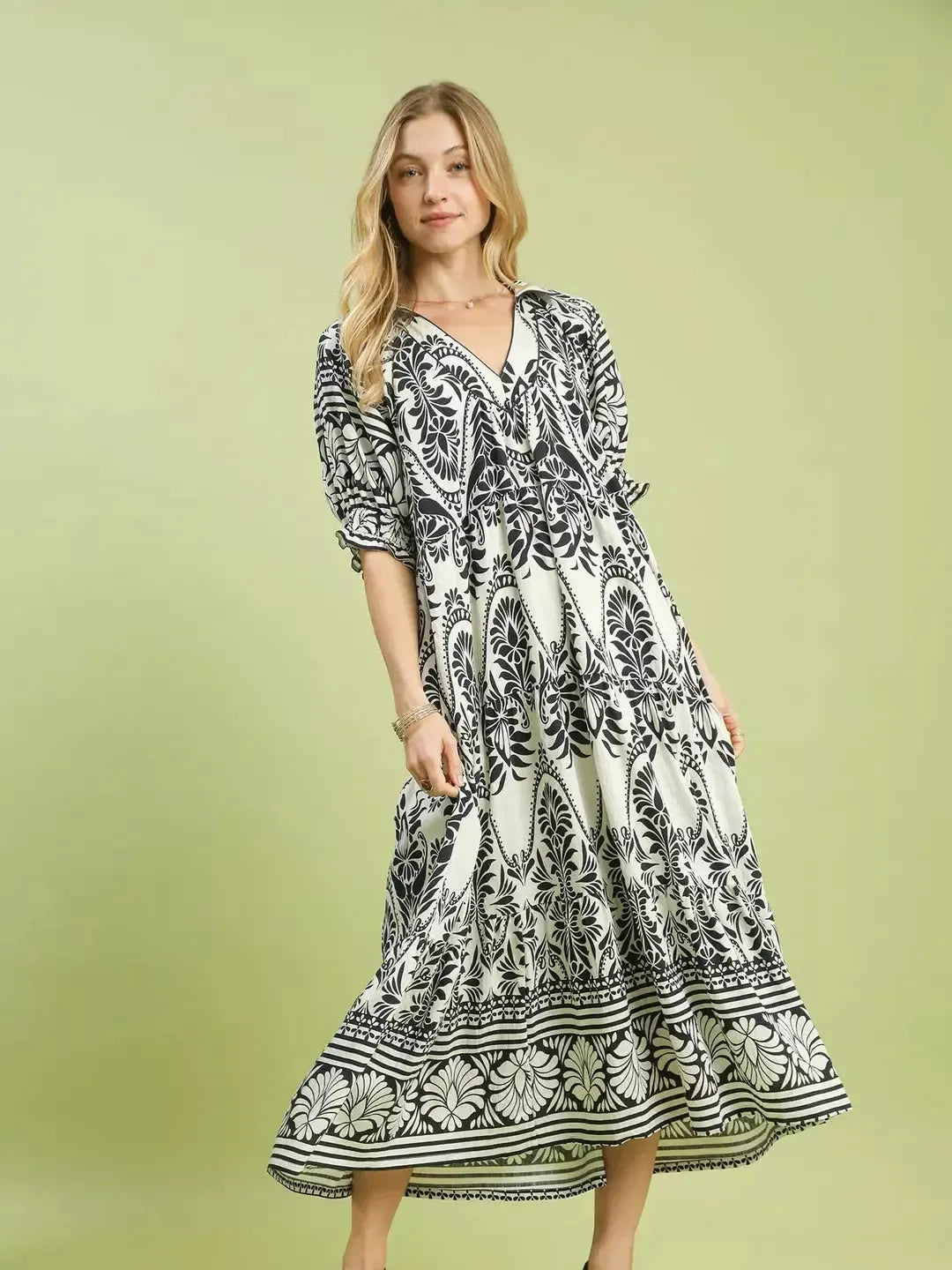 Umgee Midnight Mosaic Floral Two tone Border Print Midi Dress-Women's Dresses-Shop Z & Joxa