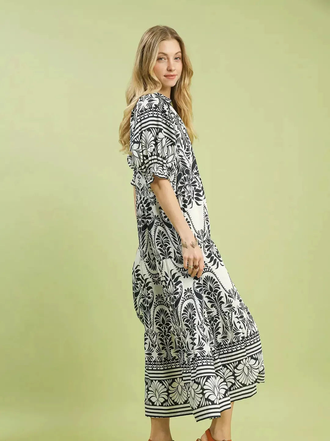 Umgee Midnight Mosaic Floral Two tone Border Print Midi Dress-Women's Dresses-Shop Z & Joxa