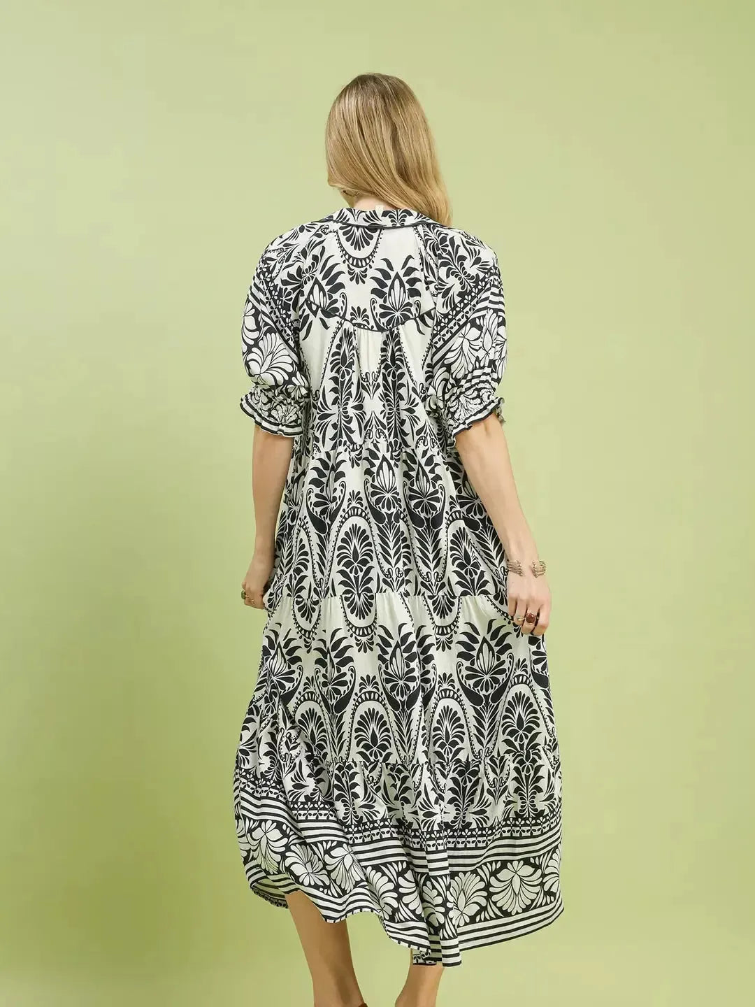 Umgee Midnight Mosaic Floral Two tone Border Print Midi Dress-Women's Dresses-Shop Z & Joxa