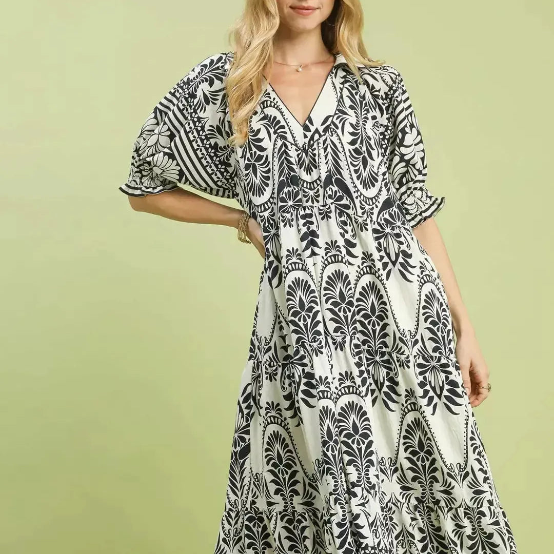 Umgee Midnight Mosaic Floral Two tone Border Print Midi Dress-Women's Dresses-Shop Z & Joxa