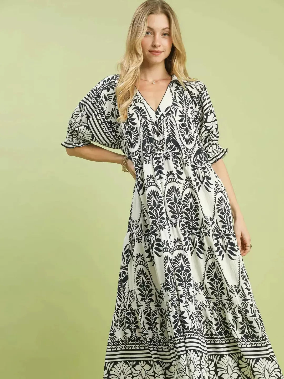Umgee Midnight Mosaic Floral Two tone Border Print Midi Dress-Women's Dresses-Shop Z & Joxa