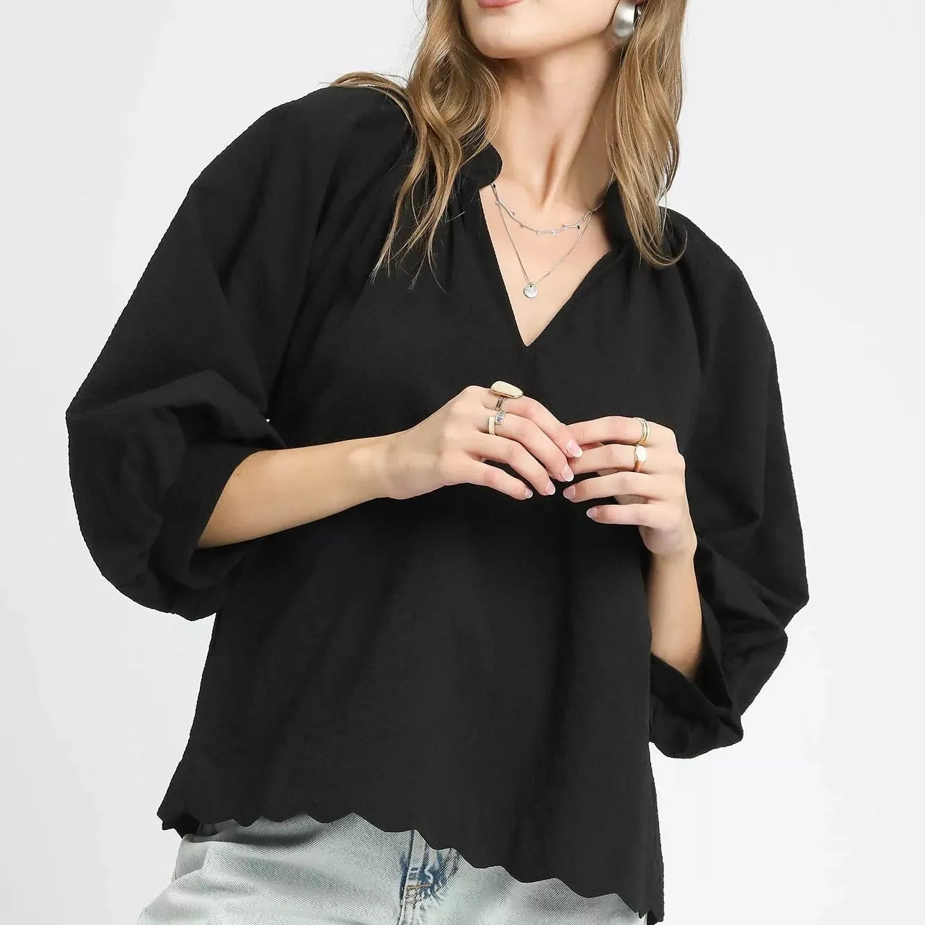 Umgee Midnight Muse Textured Notched Balloon Sleeve Blouse-Women's Shirts & Tops-Shop Z & Joxa