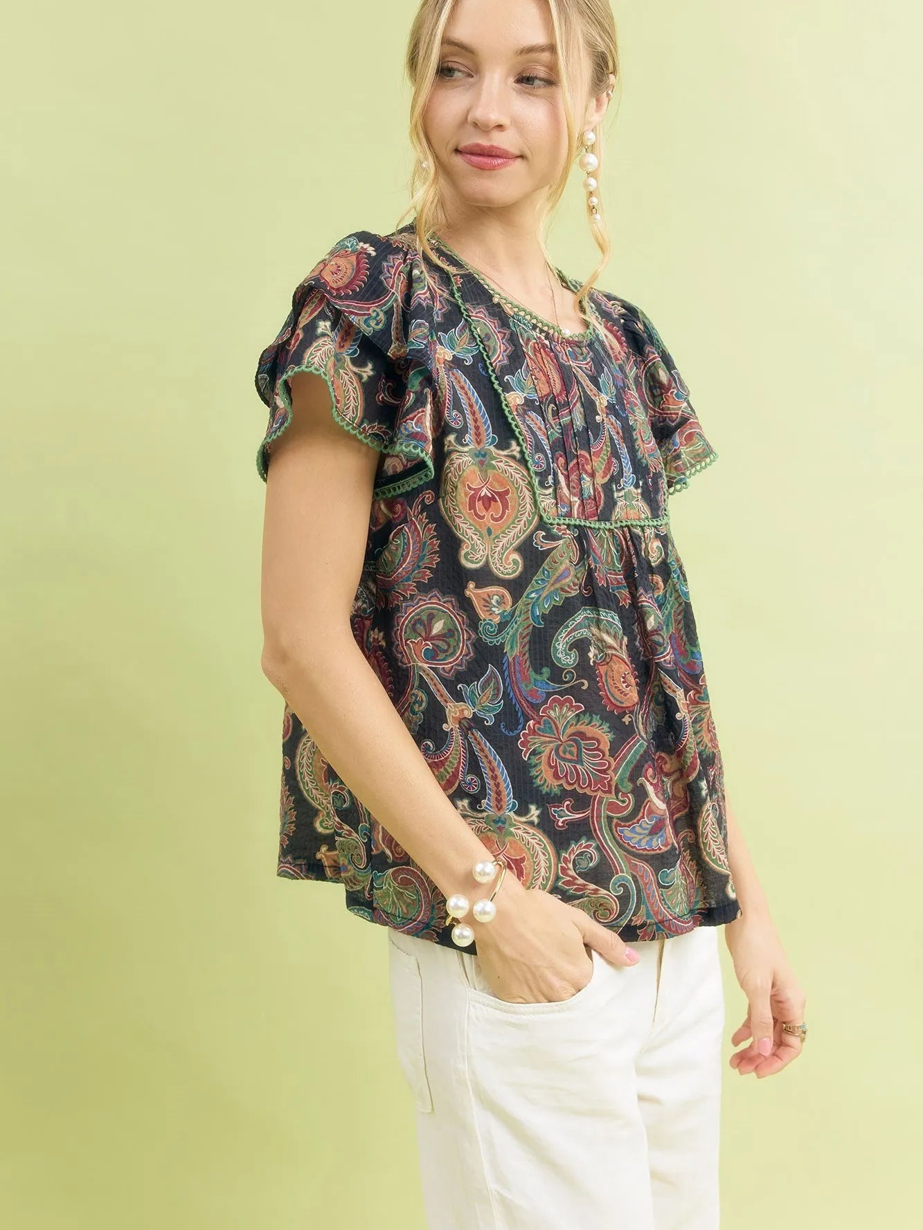 Umgee Midnight Paisley Ruffled Short Sleeve Blouse-Women's Dresses-Shop Z & Joxa