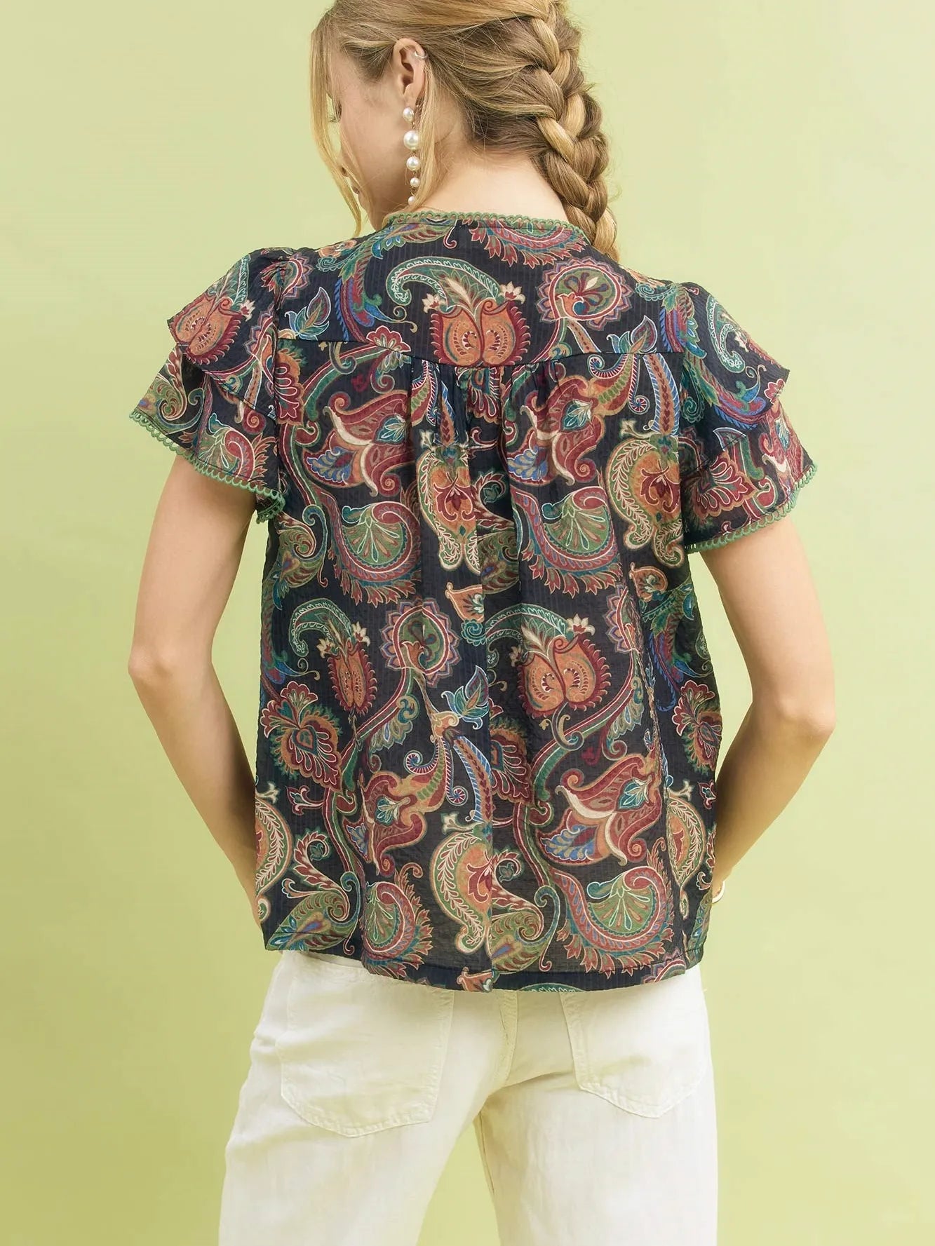 Umgee Midnight Paisley Ruffled Short Sleeve Blouse-Women's Dresses-Shop Z & Joxa