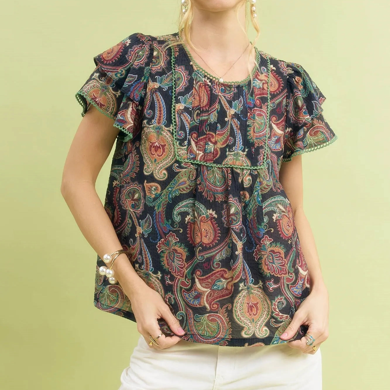 Umgee Midnight Paisley Ruffled Short Sleeve Blouse-Women's Dresses-Shop Z & Joxa