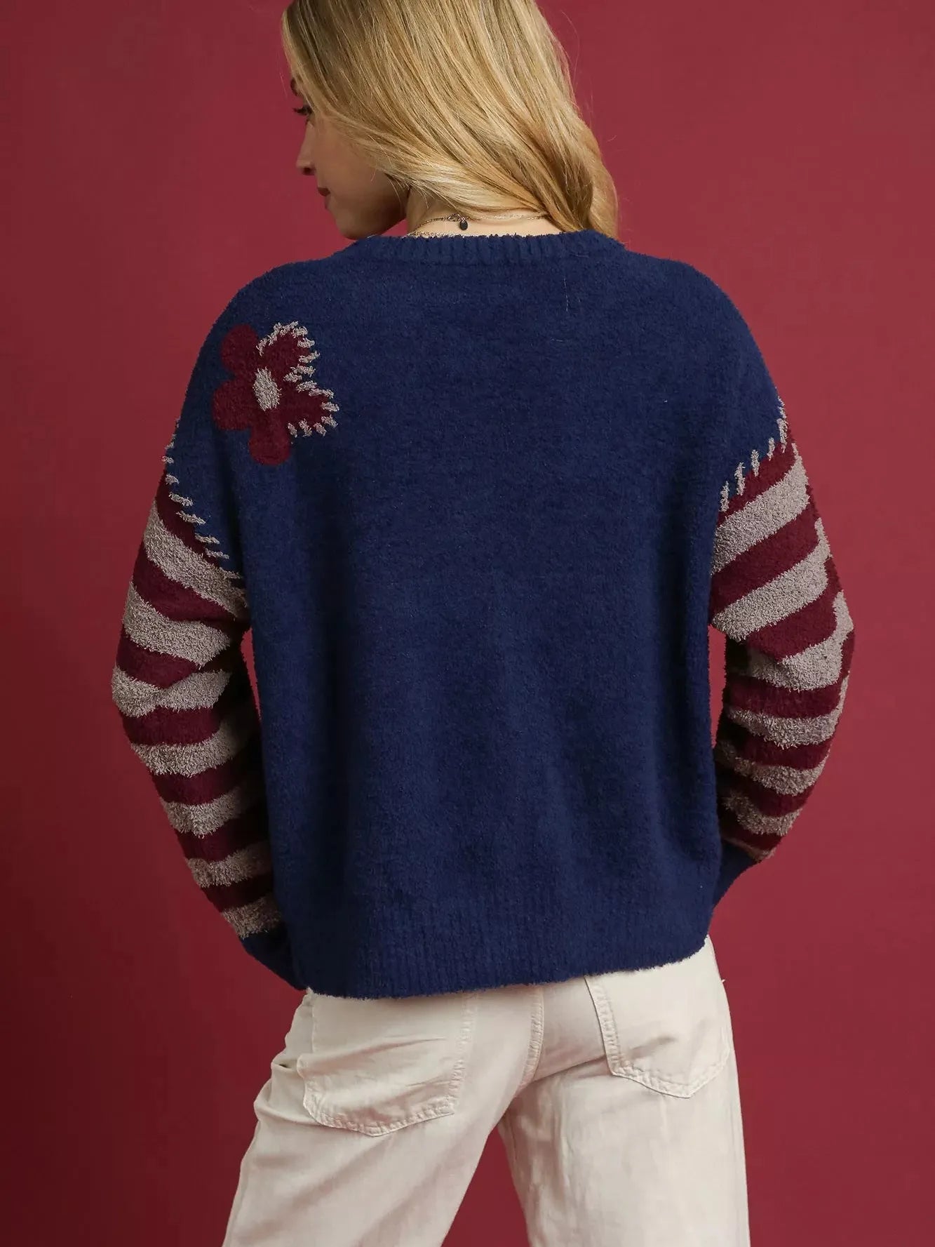 Umgee Midnight Petal Flower Striped Long Sleeve Sweater-Women's Shirts & Tops-Shop Z & Joxa