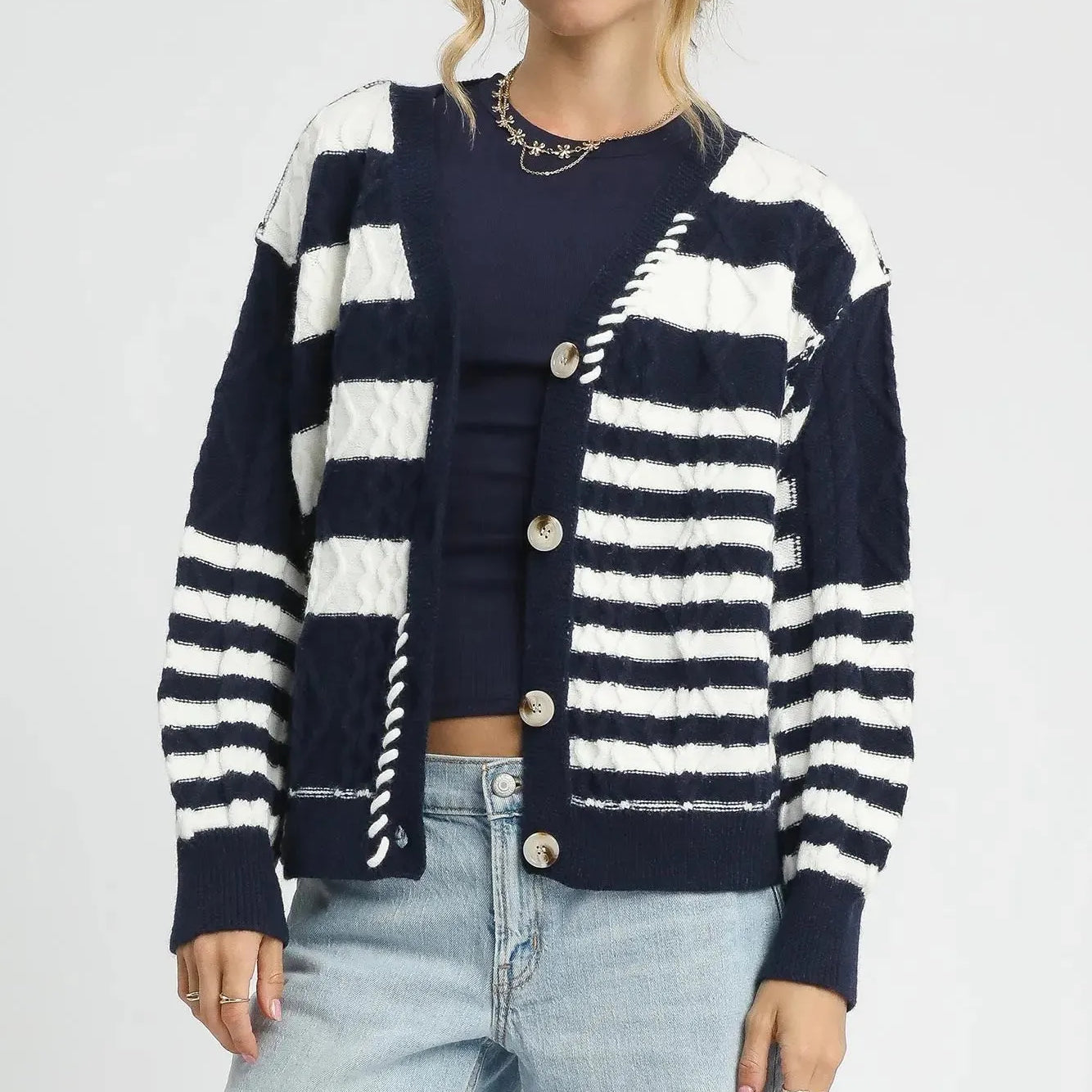Umgee Midnight Wave Cable-Knit Stripe Button-Up Cardigan-Women's Shirts & Tops-Shop Z & Joxa