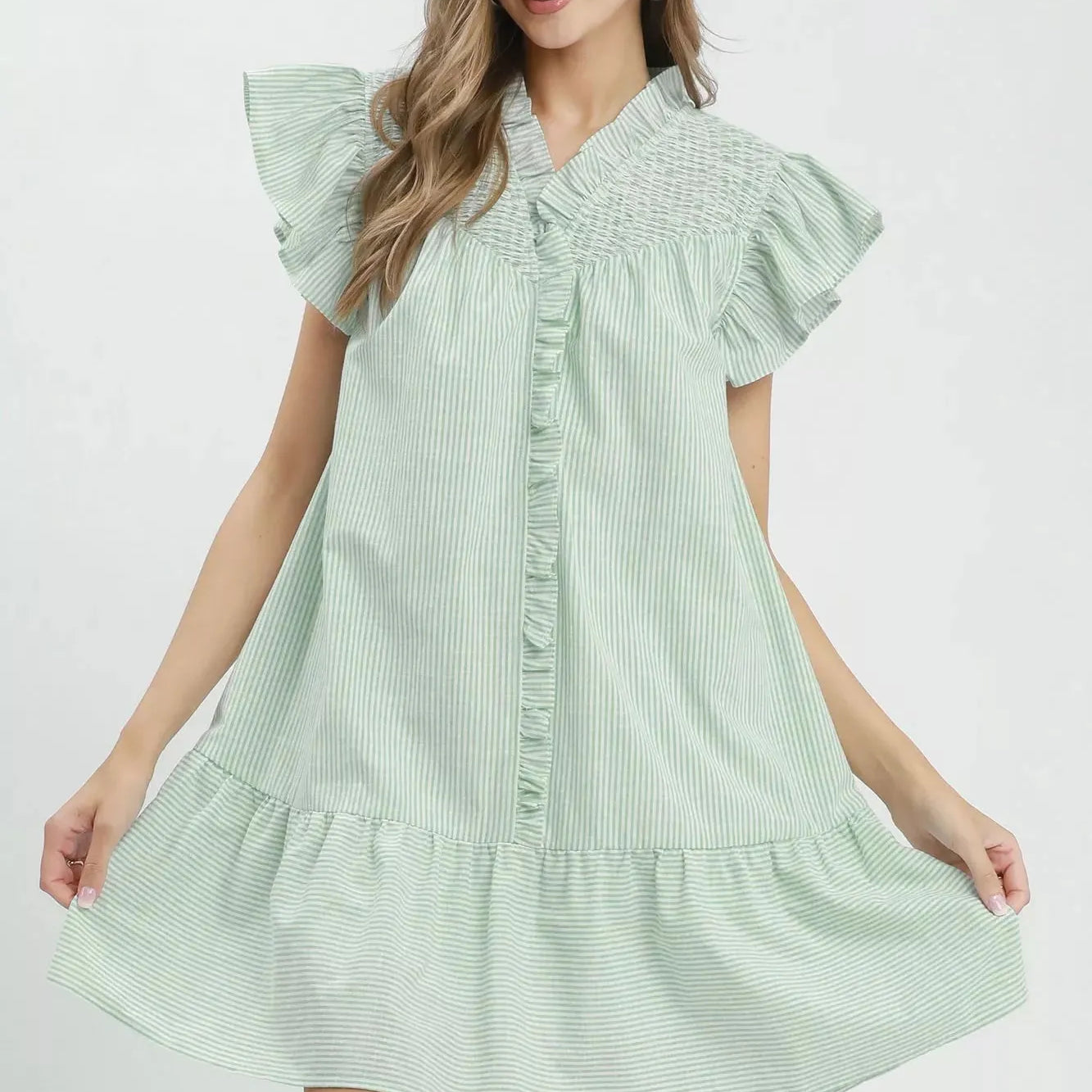 Umgee Mint Condition Smocked Yoke Ruffle Dress-Women's Dresses-Shop Z & Joxa