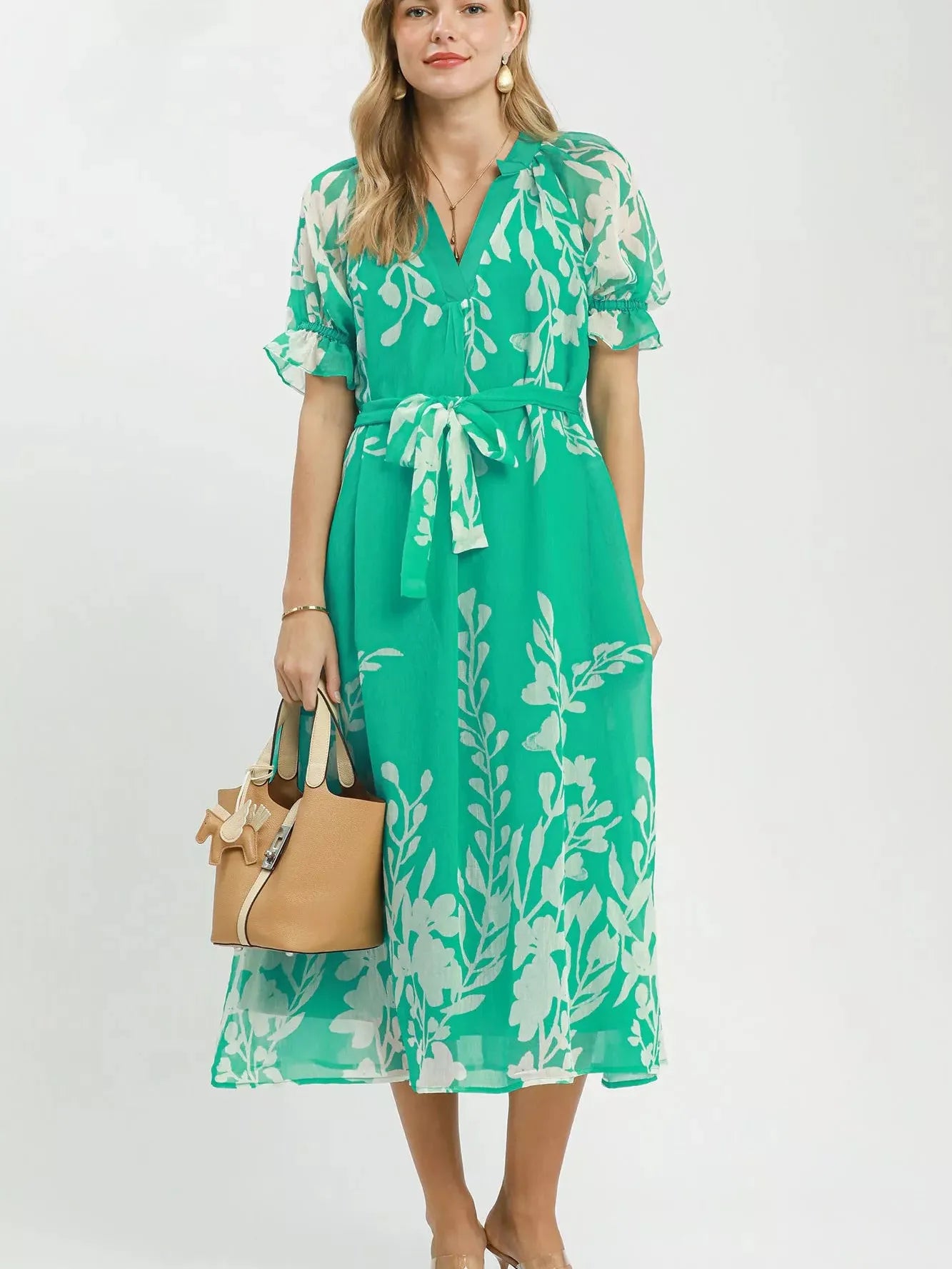 Umgee Mint to Be Floral Print Tie Waist Midi Dress-Women's Dresses-Shop Z & Joxa