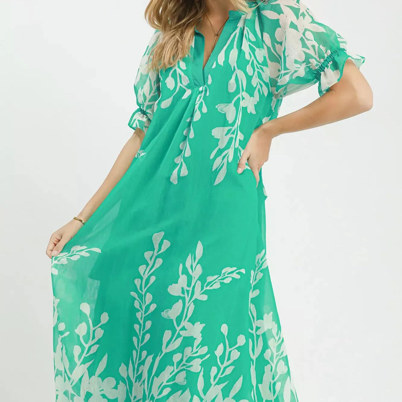 Umgee Mint to Be Floral Print Tie Waist Midi Dress-Women's Dresses-Shop Z & Joxa