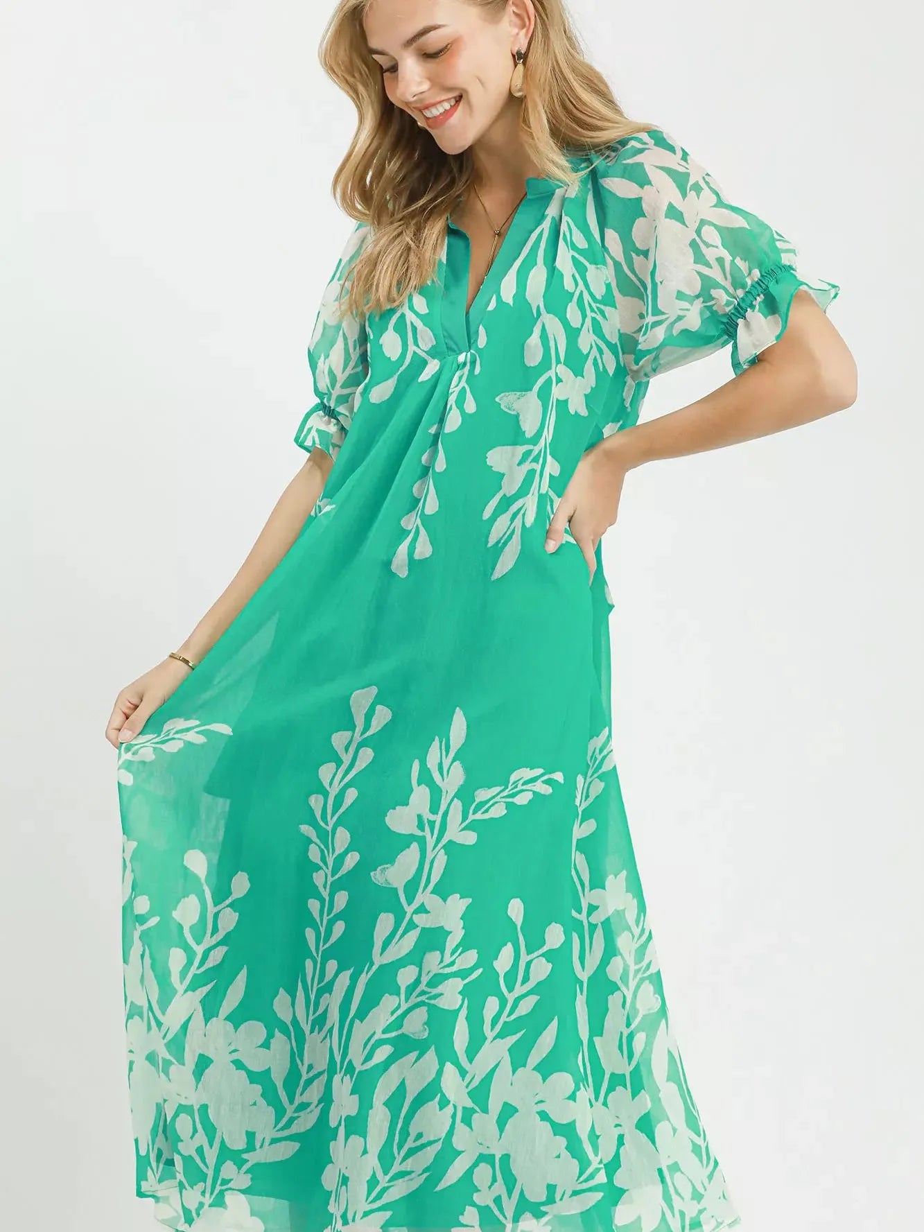Umgee Mint to Be Floral Print Tie Waist Midi Dress-Women's Dresses-Shop Z & Joxa