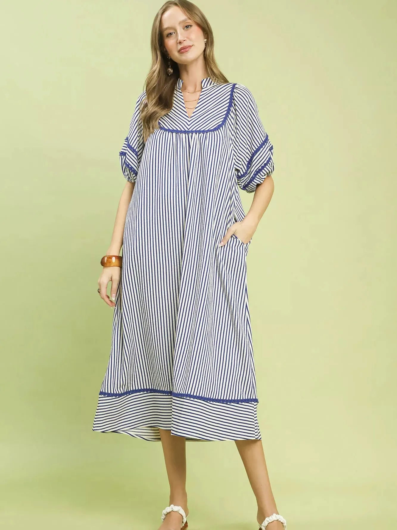 Umgee Modern Mariner Navy Stripe Puff Sleeve Midi Dress-Women's Dresses-Shop Z & Joxa