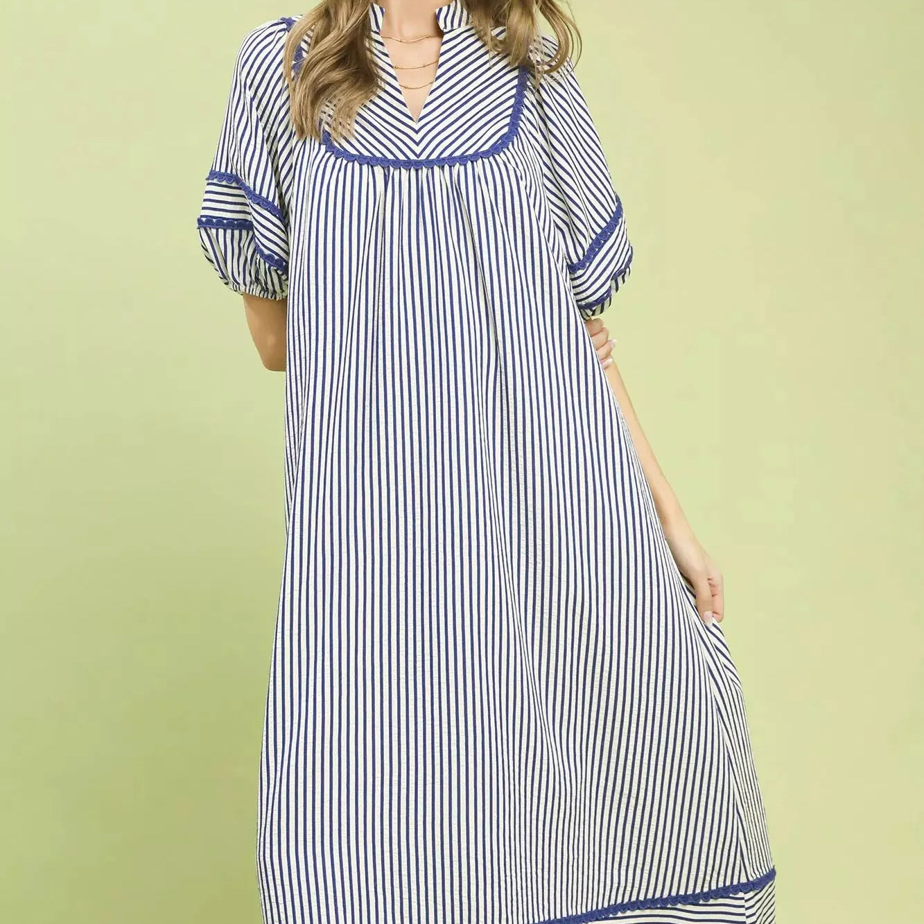 Umgee Modern Mariner Navy Stripe Puff Sleeve Midi Dress-Women's Dresses-Shop Z & Joxa