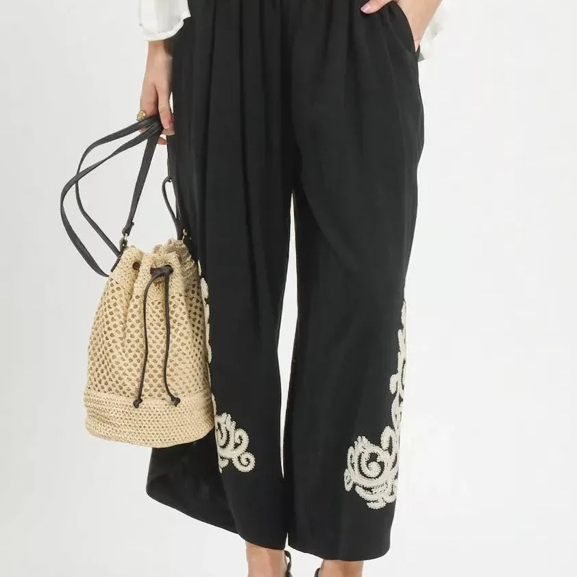 Umgee Moonflower Linen Embroidered Wide-Leg Boho Pants-Women's Pants-Shop Z & Joxa