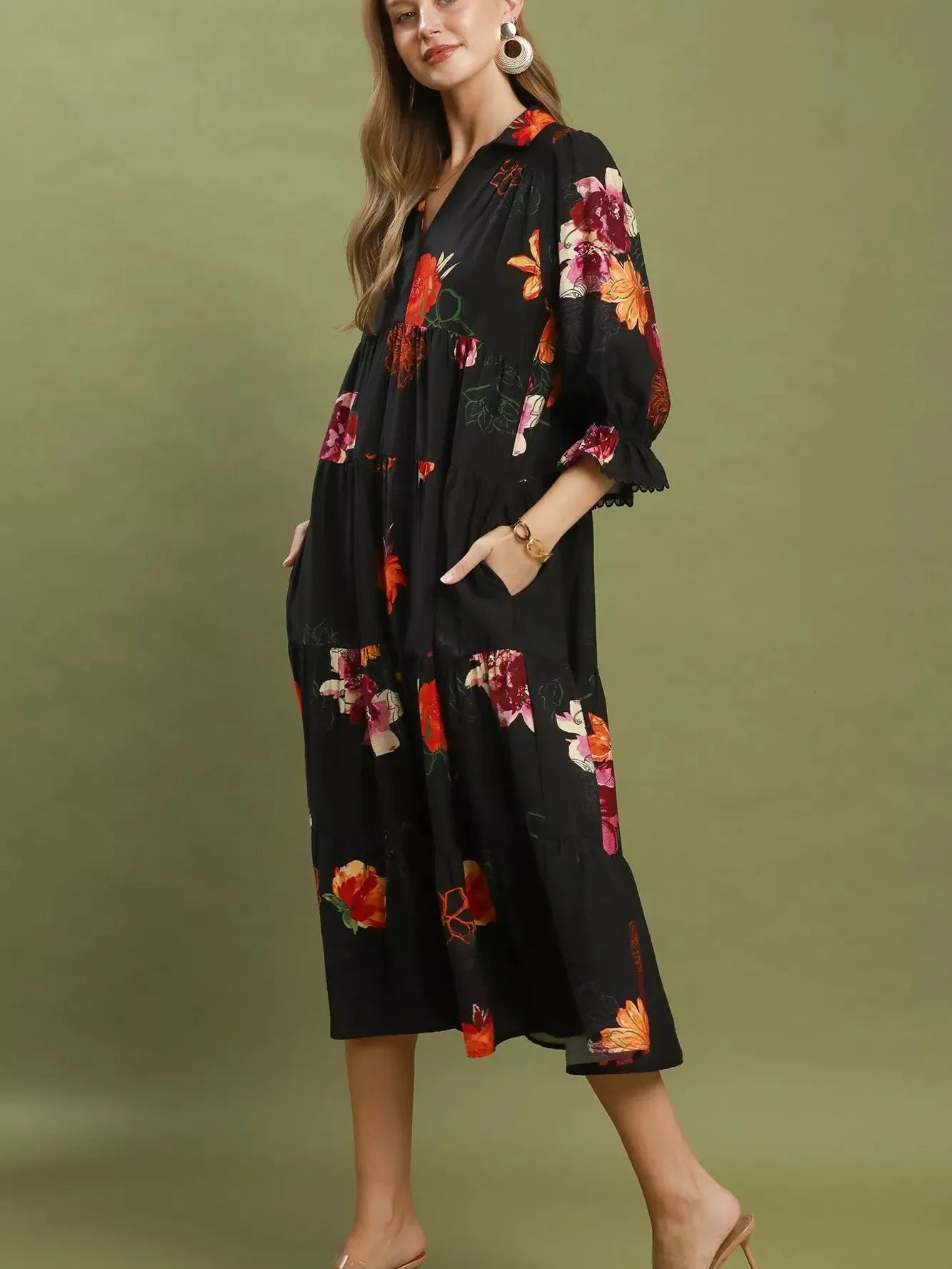 Umgee Moonlit Bloom Floral Tiered Midi Dress with Puff Sleeves-Women's Dresses-Shop Z & Joxa