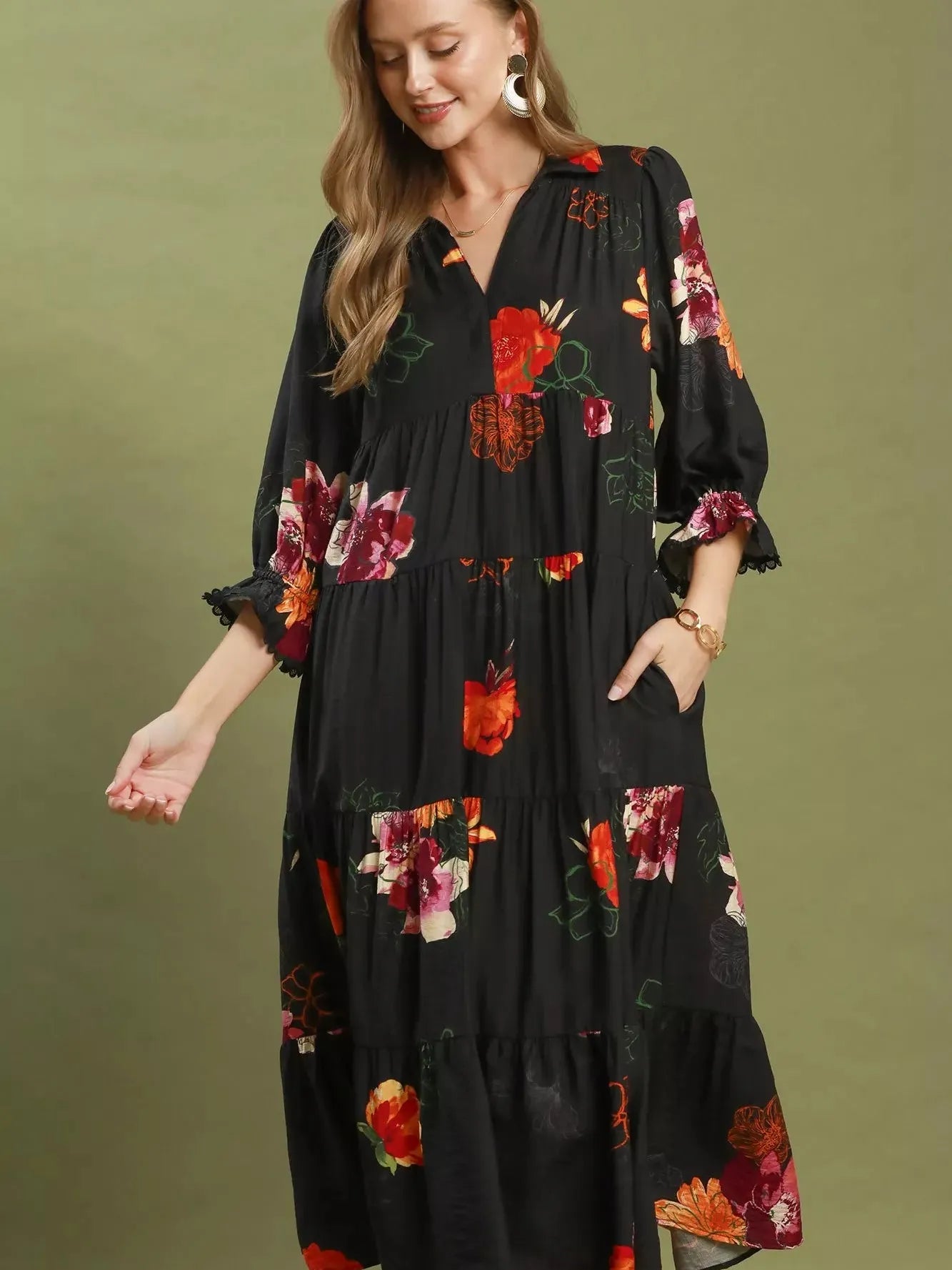 Umgee Moonlit Bloom Floral Tiered Midi Dress with Puff Sleeves-Women's Dresses-Shop Z & Joxa
