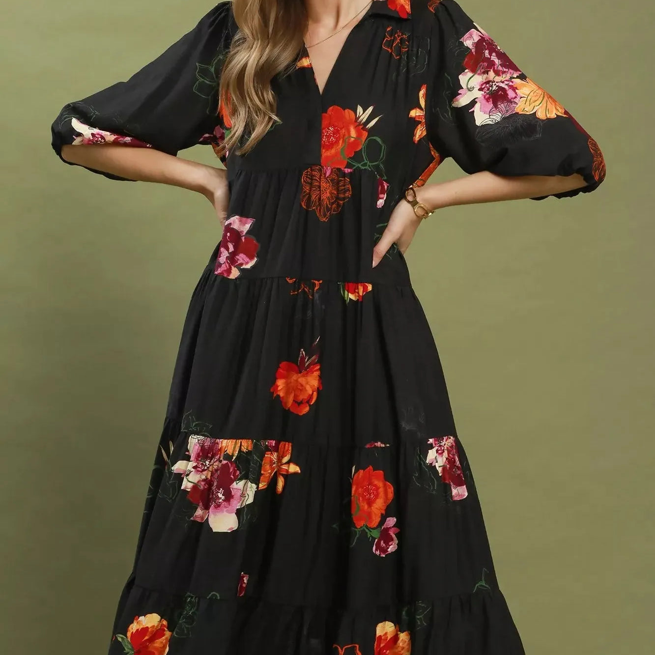 Umgee Moonlit Bloom Floral Tiered Midi Dress with Puff Sleeves-Women's Dresses-Shop Z & Joxa