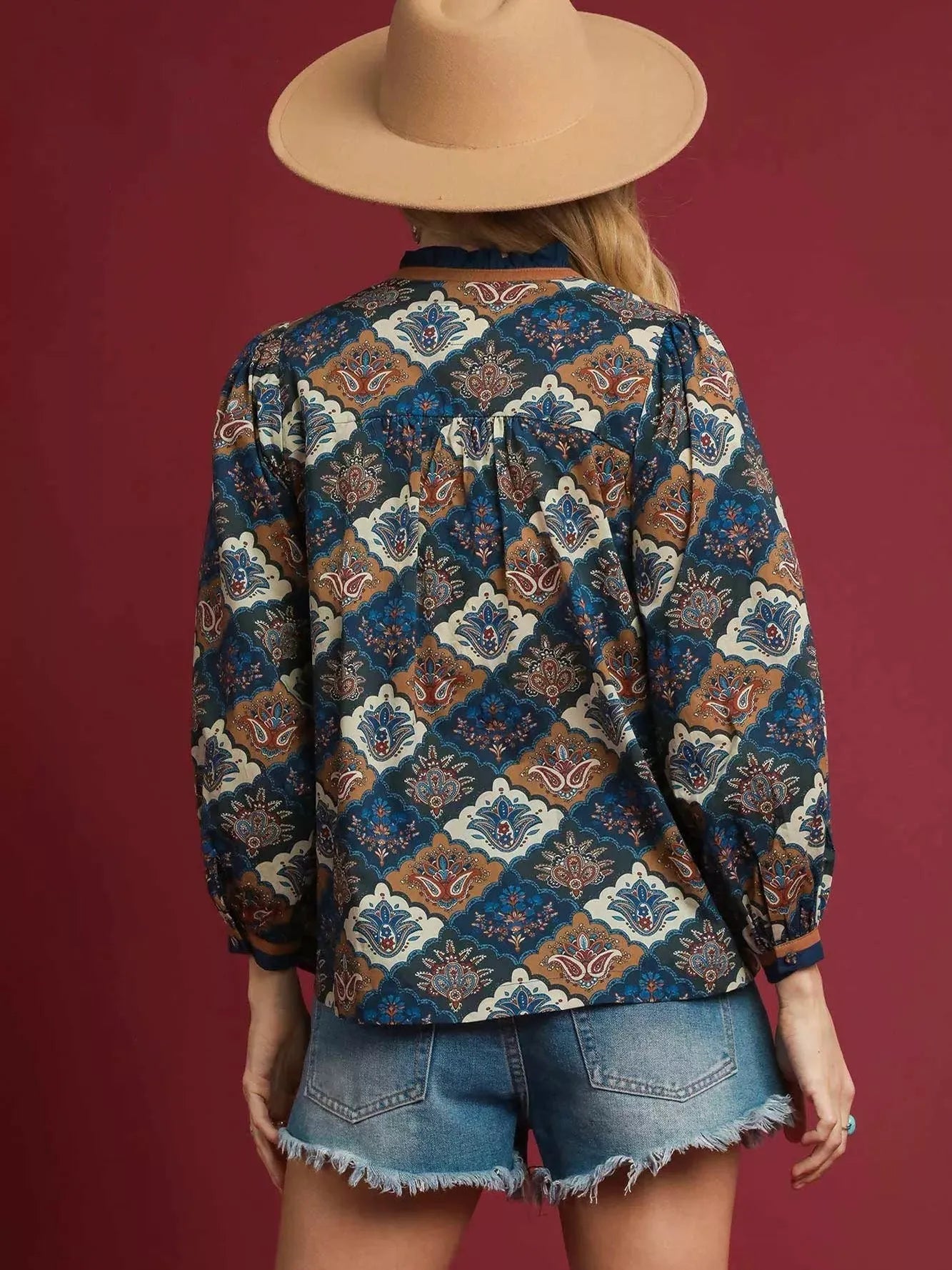 Umgee Moonlit Garden Abstract Print Ruffle Neck Top-Women's Shirts & Tops-Shop Z & Joxa