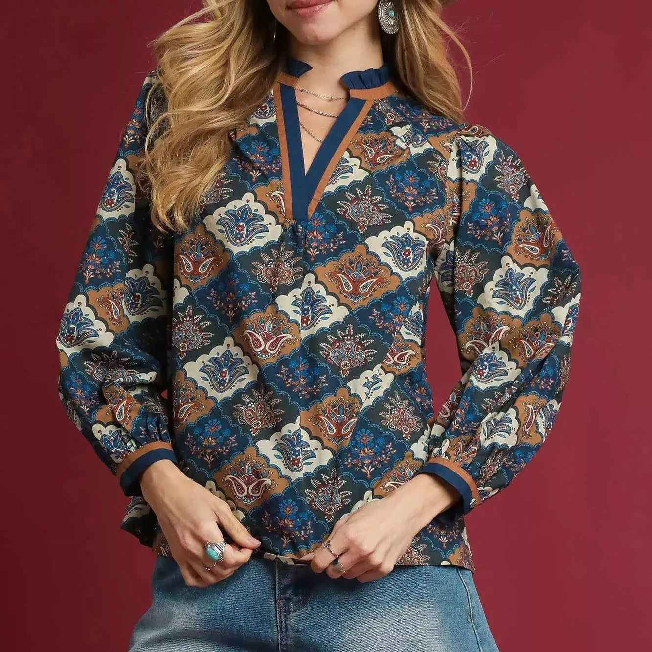 Umgee Moonlit Garden Abstract Print Ruffle Neck Top-Women's Shirts & Tops-Shop Z & Joxa