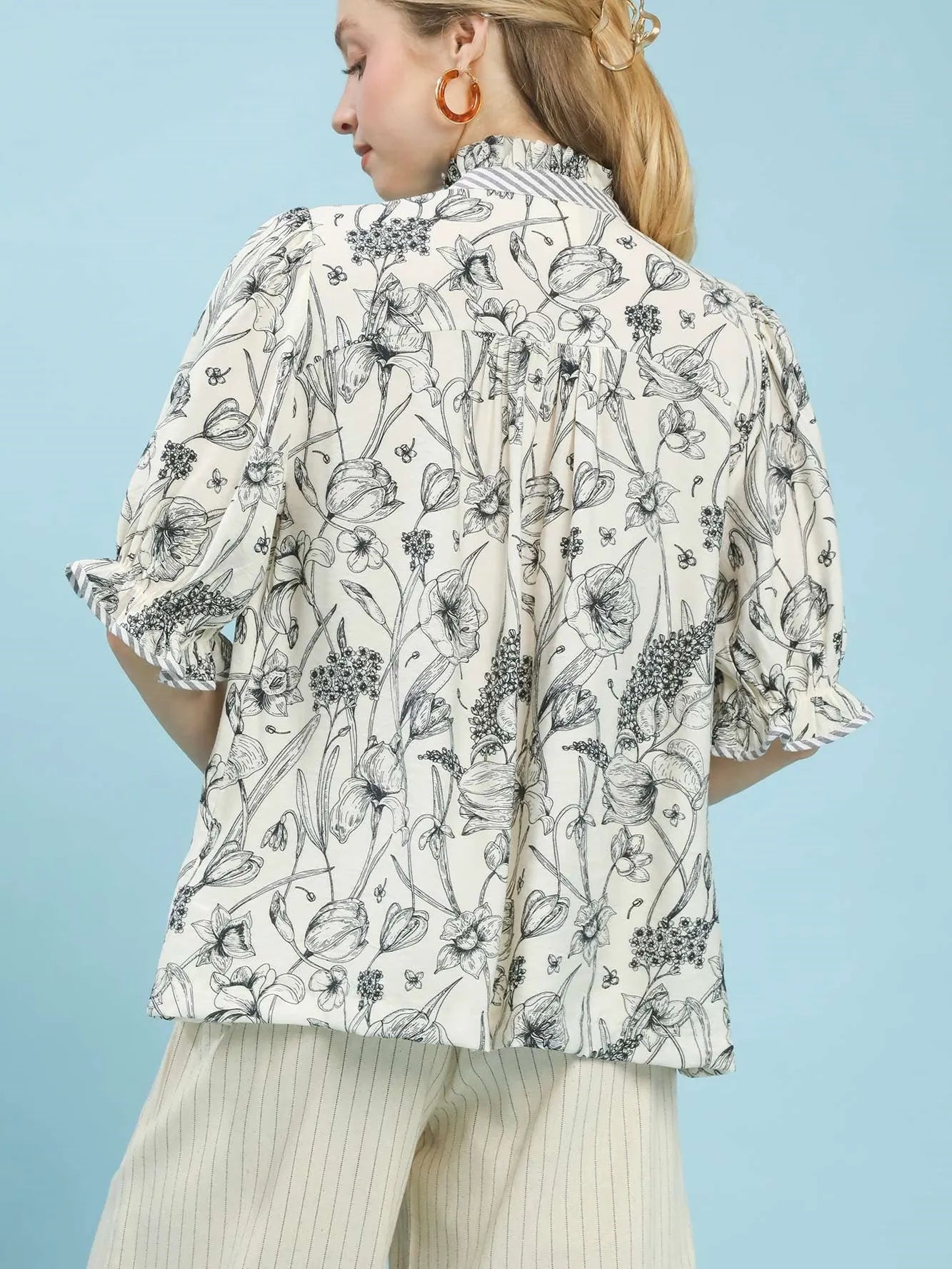 Umgee Moonlit Meadow Florat Print Top with Stripe Trim-Women's Shirts & Tops-Shop Z & Joxa