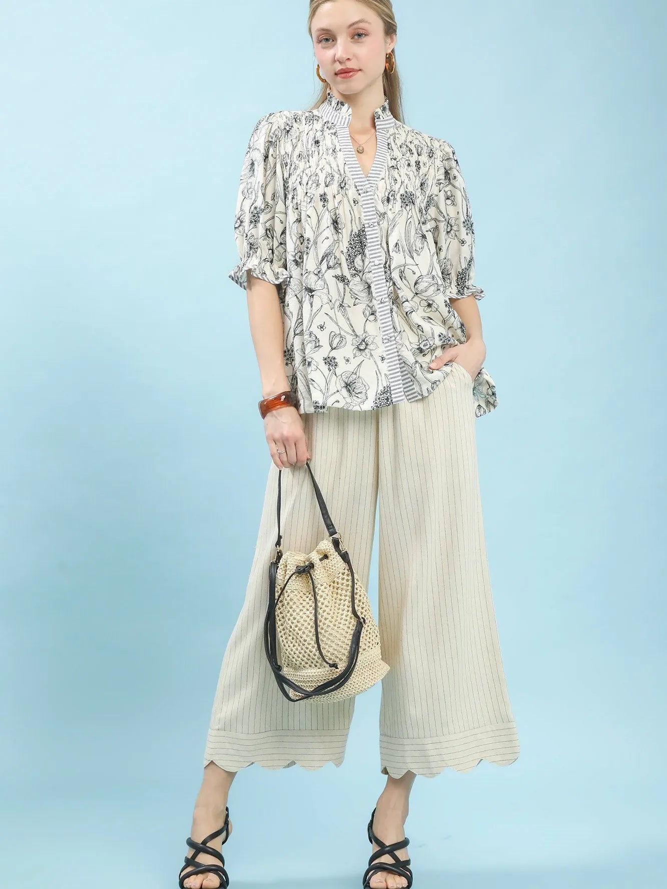 Umgee Moonlit Meadow Florat Print Top with Stripe Trim-Women's Shirts & Tops-Shop Z & Joxa