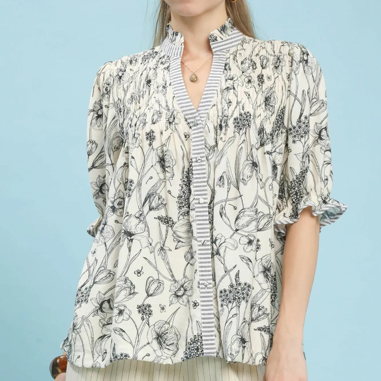 Umgee Moonlit Meadow Florat Print Top with Stripe Trim-Women's Shirts & Tops-Shop Z & Joxa