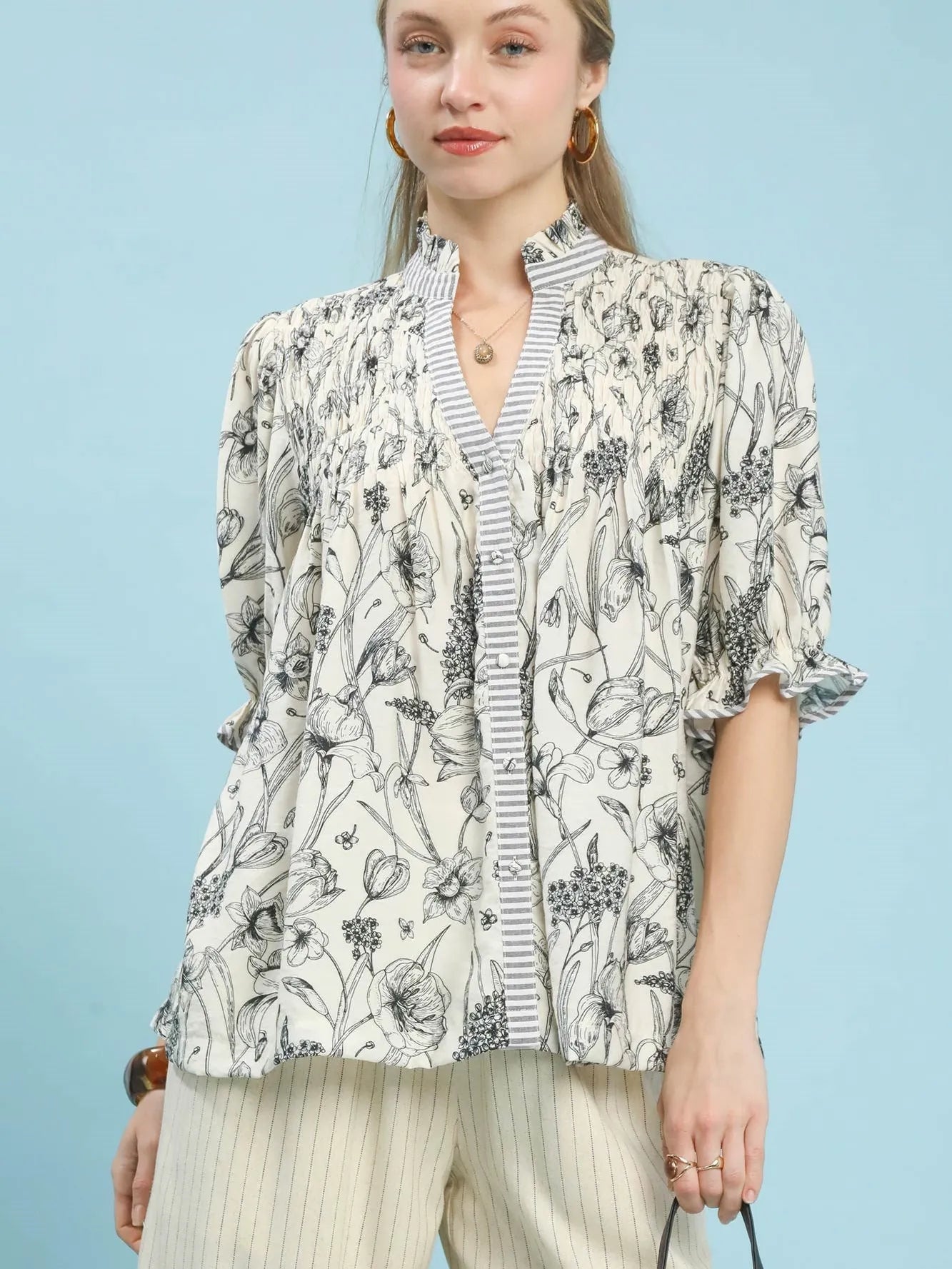 Umgee Moonlit Meadow Florat Print Top with Stripe Trim-Women's Shirts & Tops-Shop Z & Joxa
