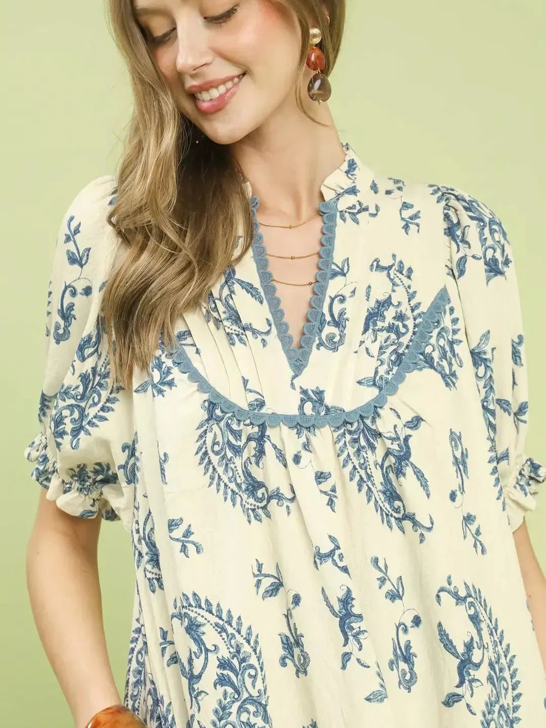 Umgee Moonlit Paisley Scallop Trim Tiered Mini Dress-Women's Dresses-Shop Z & Joxa