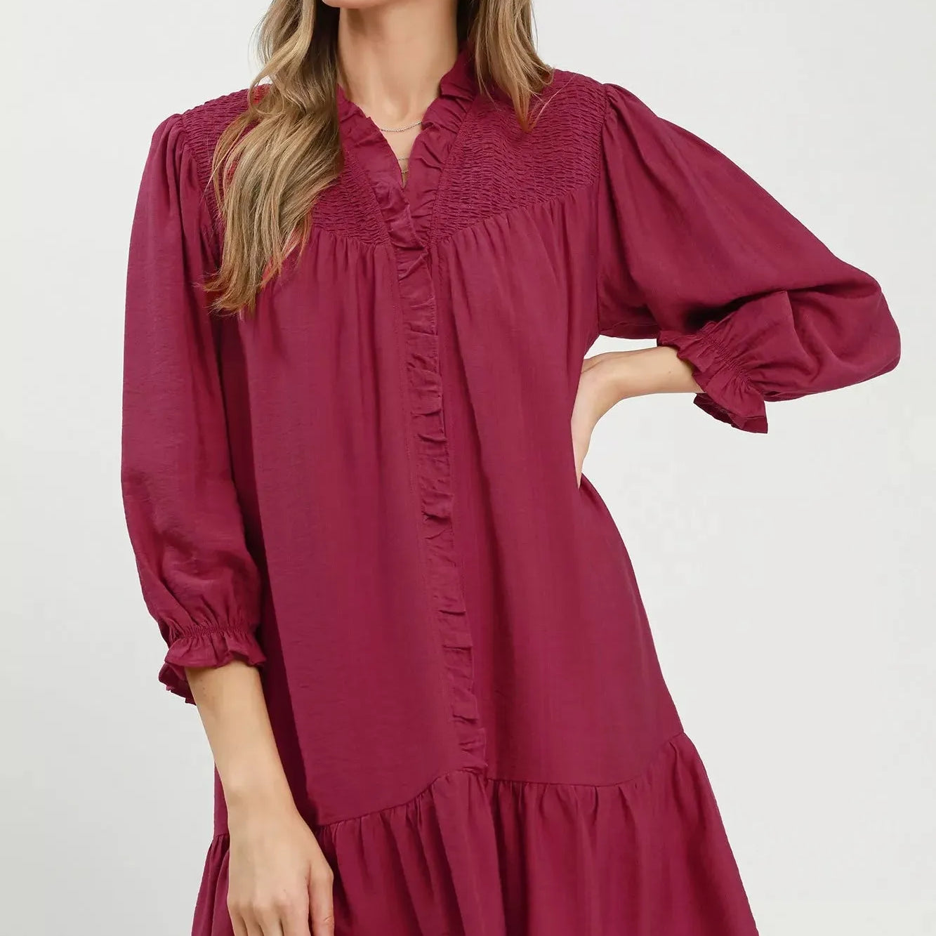 Umgee Mulberry Kiss Smocked Tiered Mini Dress with Ruffles-Women's Dresses-Shop Z & Joxa
