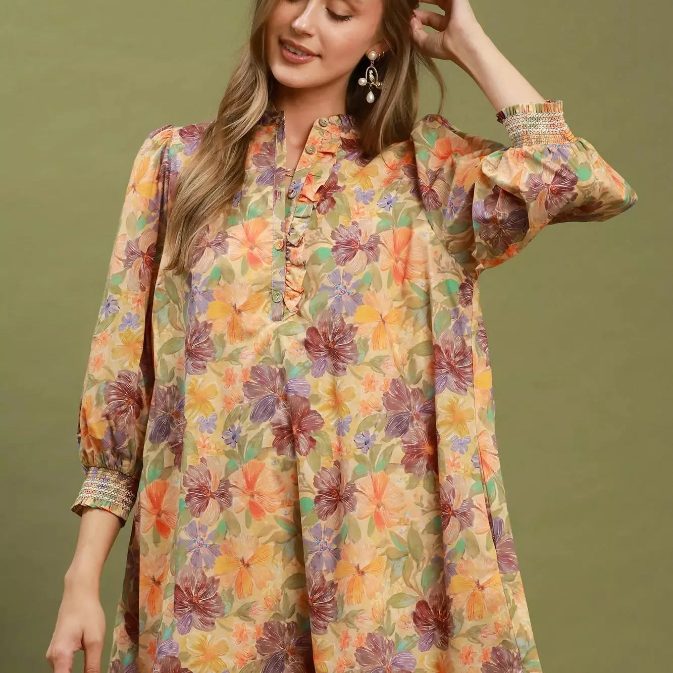 Umgee Natural Florals Smocked Ruffled Cuff Mini Dress-Women's Dresses-Shop Z & Joxa