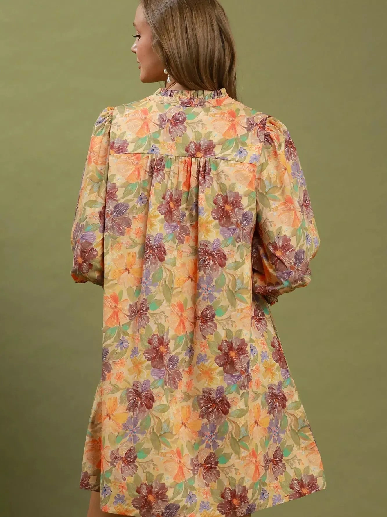 Umgee Natural Florals Smocked Ruffled Cuff Mini Dress-Women's Dresses-Shop Z & Joxa