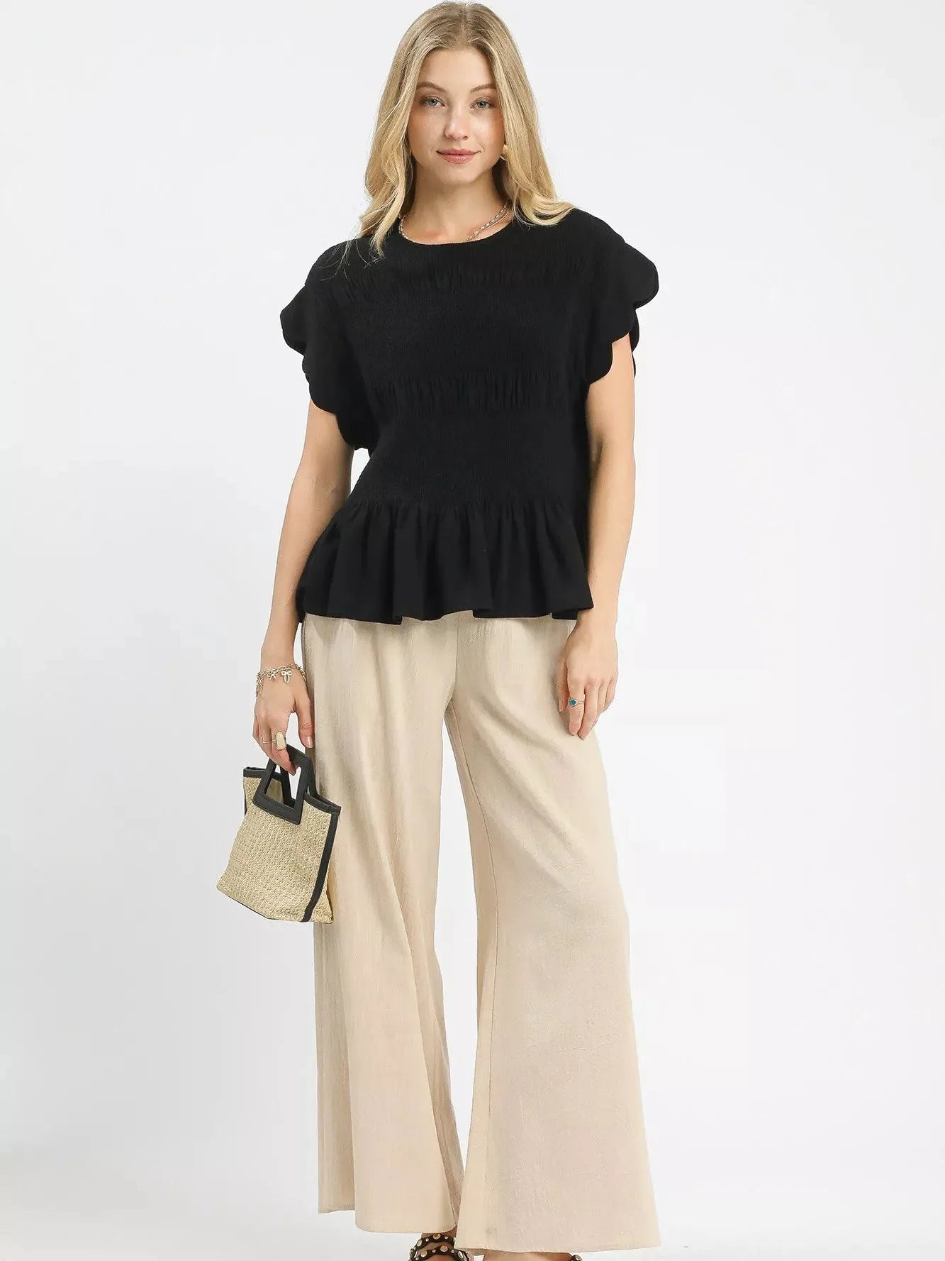 Umgee Noir Whisper Short Sleeve Smocked Peplum Blouse-Women's Shirts & Tops-Shop Z & Joxa