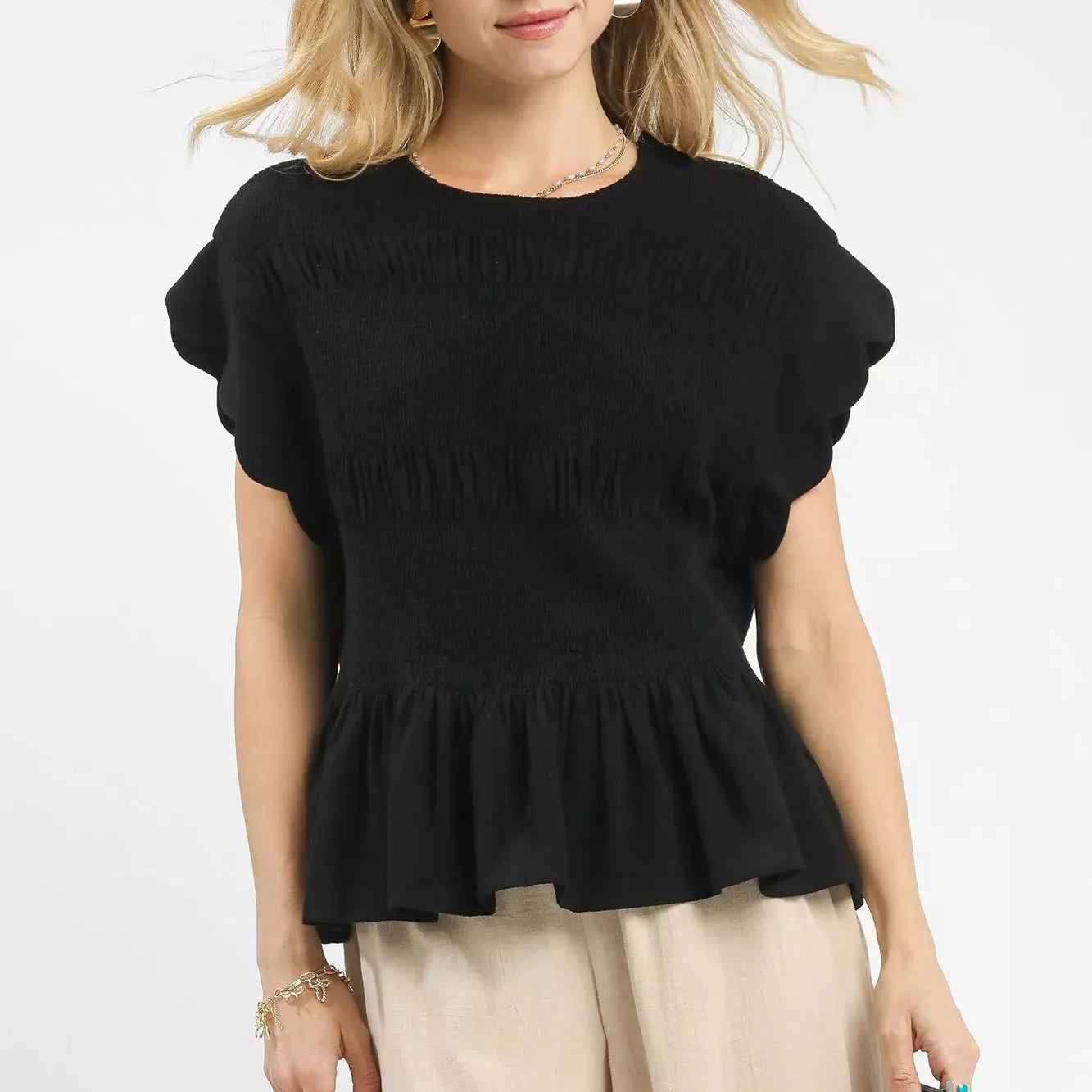Umgee Noir Whisper Short Sleeve Smocked Peplum Blouse-Women's Shirts & Tops-Shop Z & Joxa