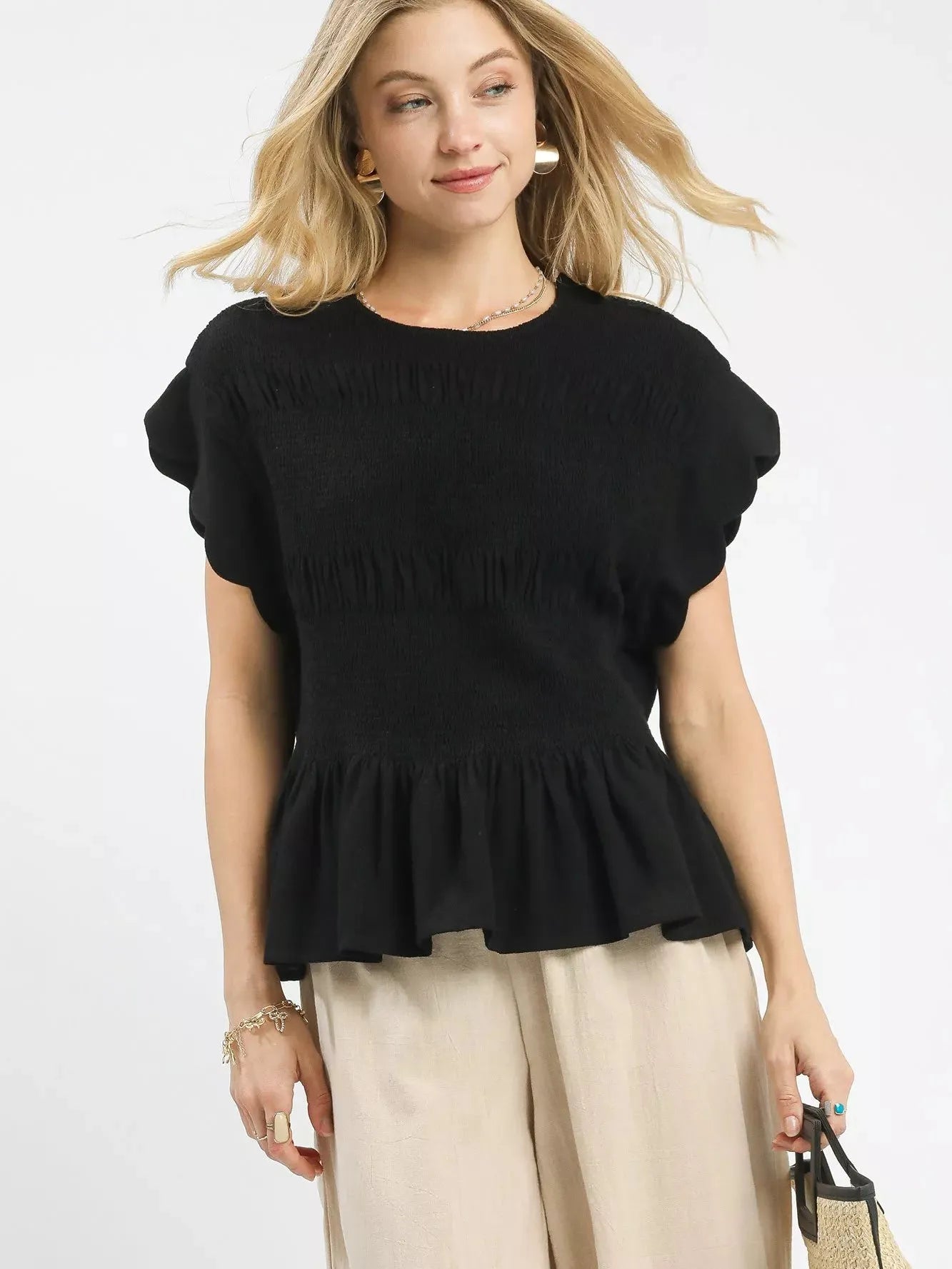 Umgee Noir Whisper Short Sleeve Smocked Peplum Blouse-Women's Shirts & Tops-Shop Z & Joxa