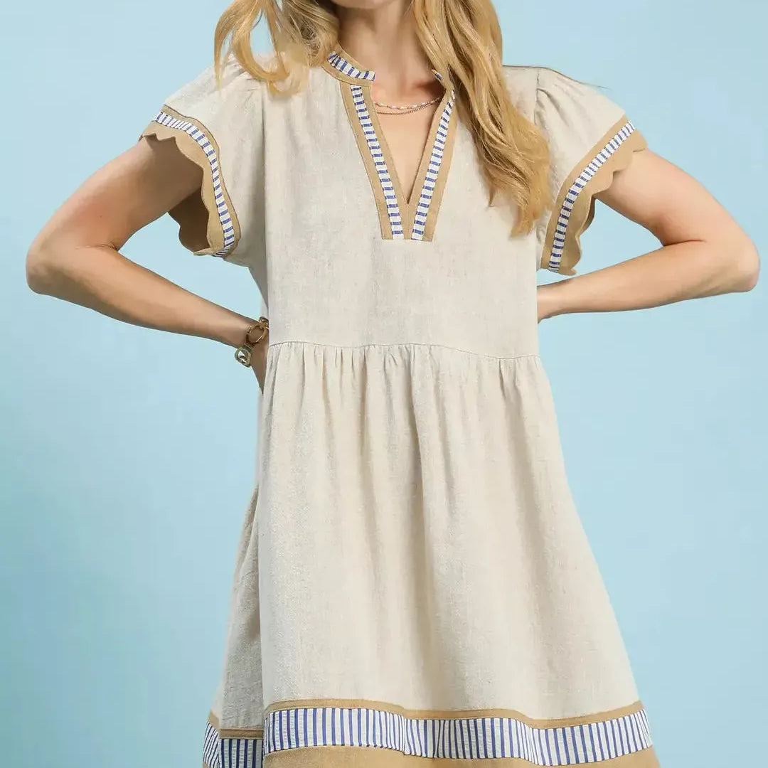 Umgee Oat & Honey Linen Color Block Flutter Sleeve Dress-Women's Dresses-Shop Z & Joxa