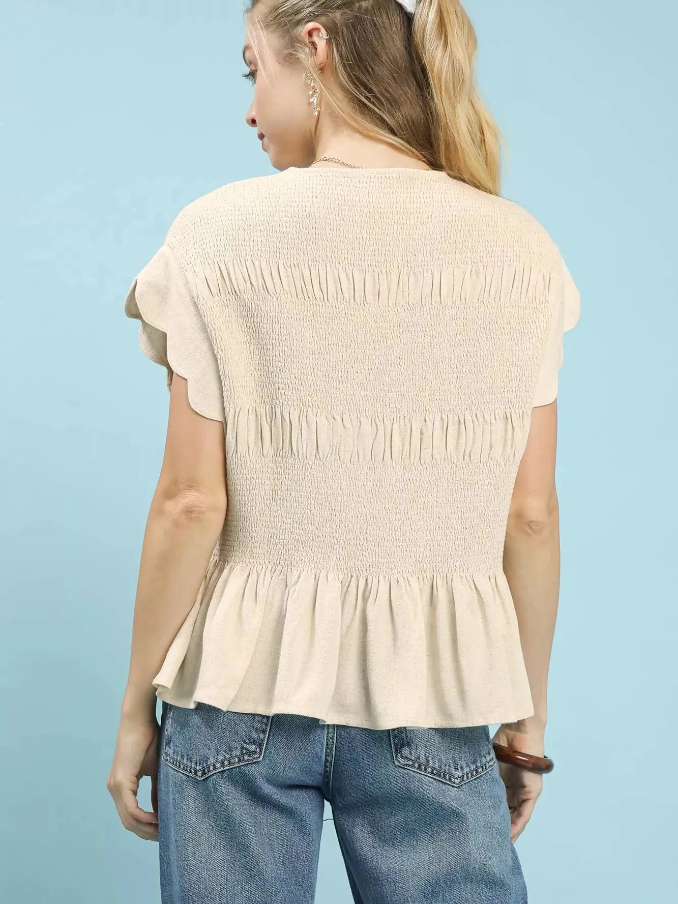 Umgee Oatmeal Whisper Short Sleeve Smocked Peplum Blouse-Women's Shirts & Tops-Shop Z & Joxa