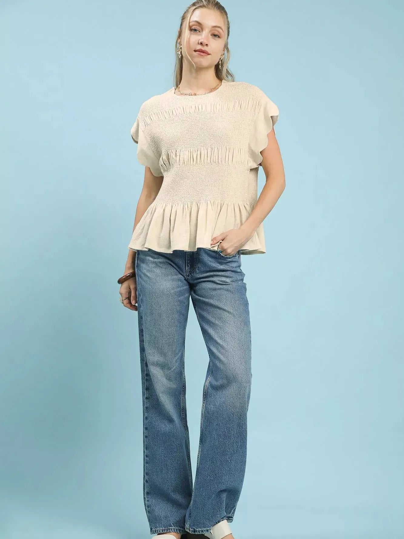 Umgee Oatmeal Whisper Short Sleeve Smocked Peplum Blouse-Women's Shirts & Tops-Shop Z & Joxa