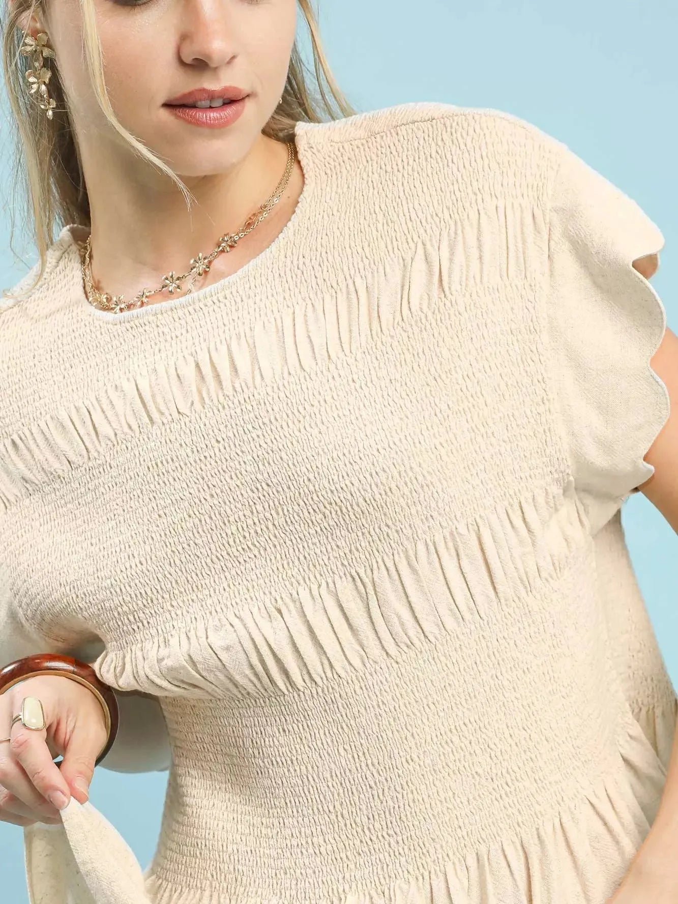 Umgee Oatmeal Whisper Short Sleeve Smocked Peplum Blouse-Women's Shirts & Tops-Shop Z & Joxa