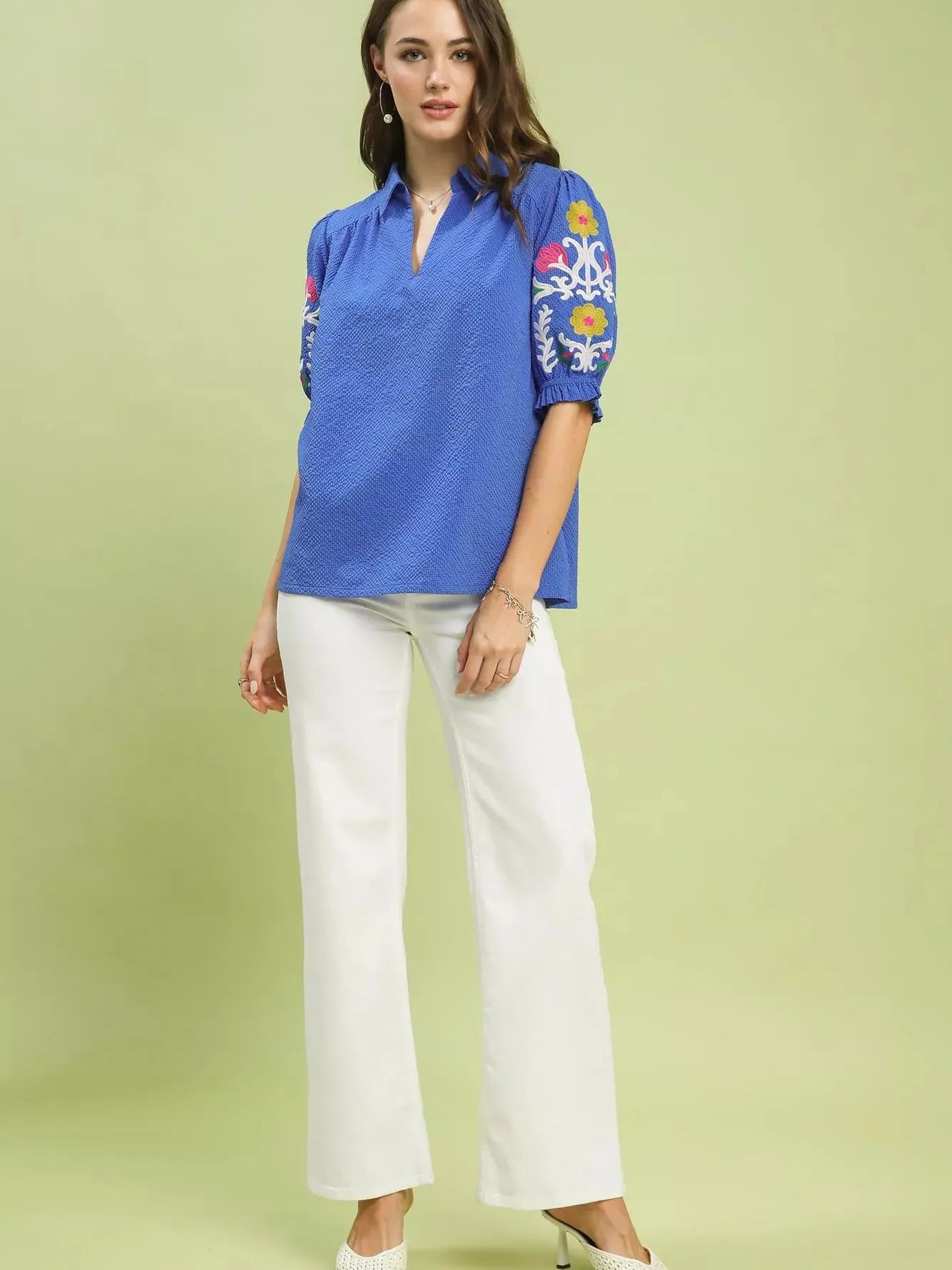 Umgee Ocean Breeze Seersucker Embroidered Sleeve Blouse-Women's Shirts & Tops-Shop Z & Joxa